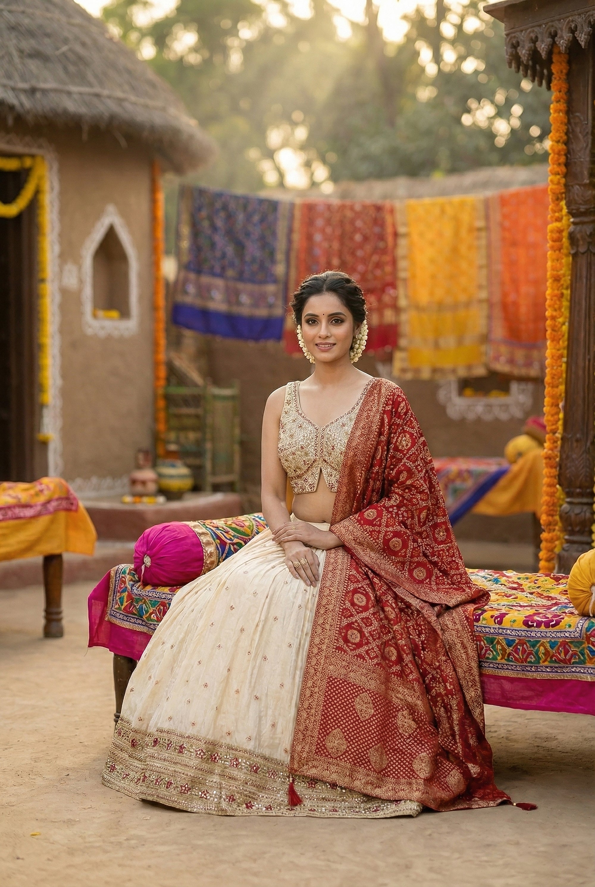 Classic Ivory Lehenga Choli with Maroon Banarasi Bandhani Dupatta | Palkhi Fashion Houston