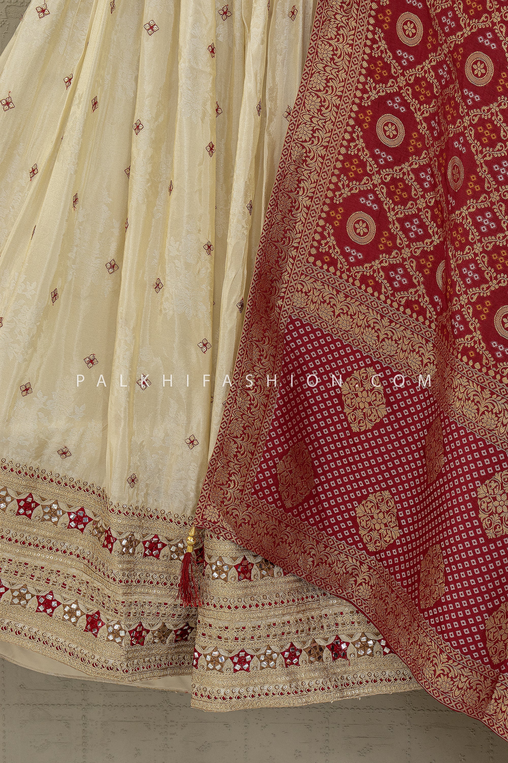 Classic Ivory Lehenga Choli with Maroon Banarasi Bandhani Dupatta | Palkhi Fashion Houston
