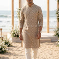 Coastal Heritage Edit – Beige Linen Embroidered Kurta Set – Palkhi Fashion