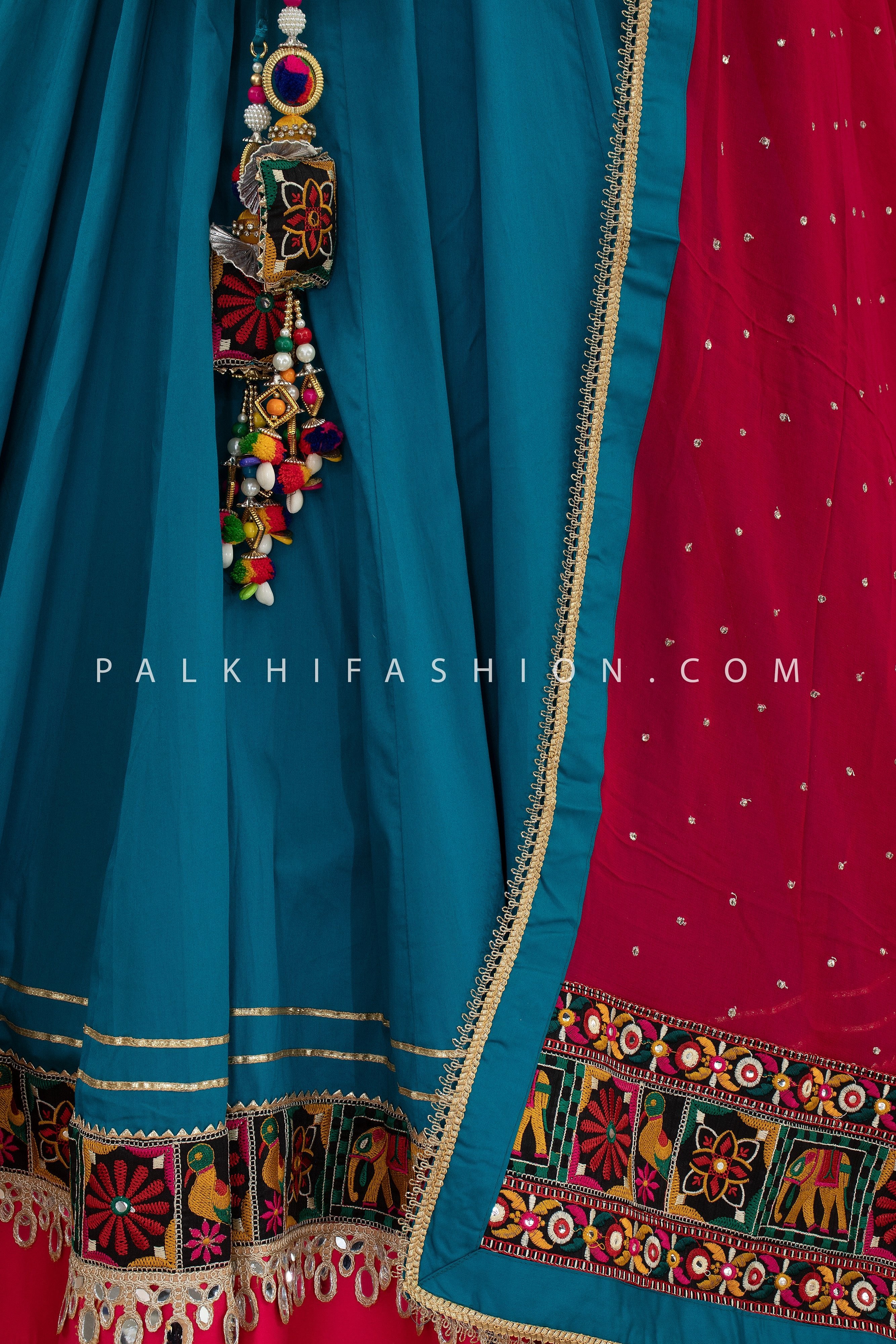 🪔 Color Rush: Multicolor Mirror - Work Chaniya Choli with Teal Lehenga – Palkhi Fashion