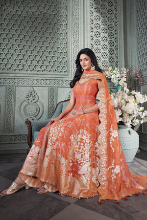 Coral Designer Anarkali Palazzo Suit with Attractive Silk Weaving – Palkhi Fashion