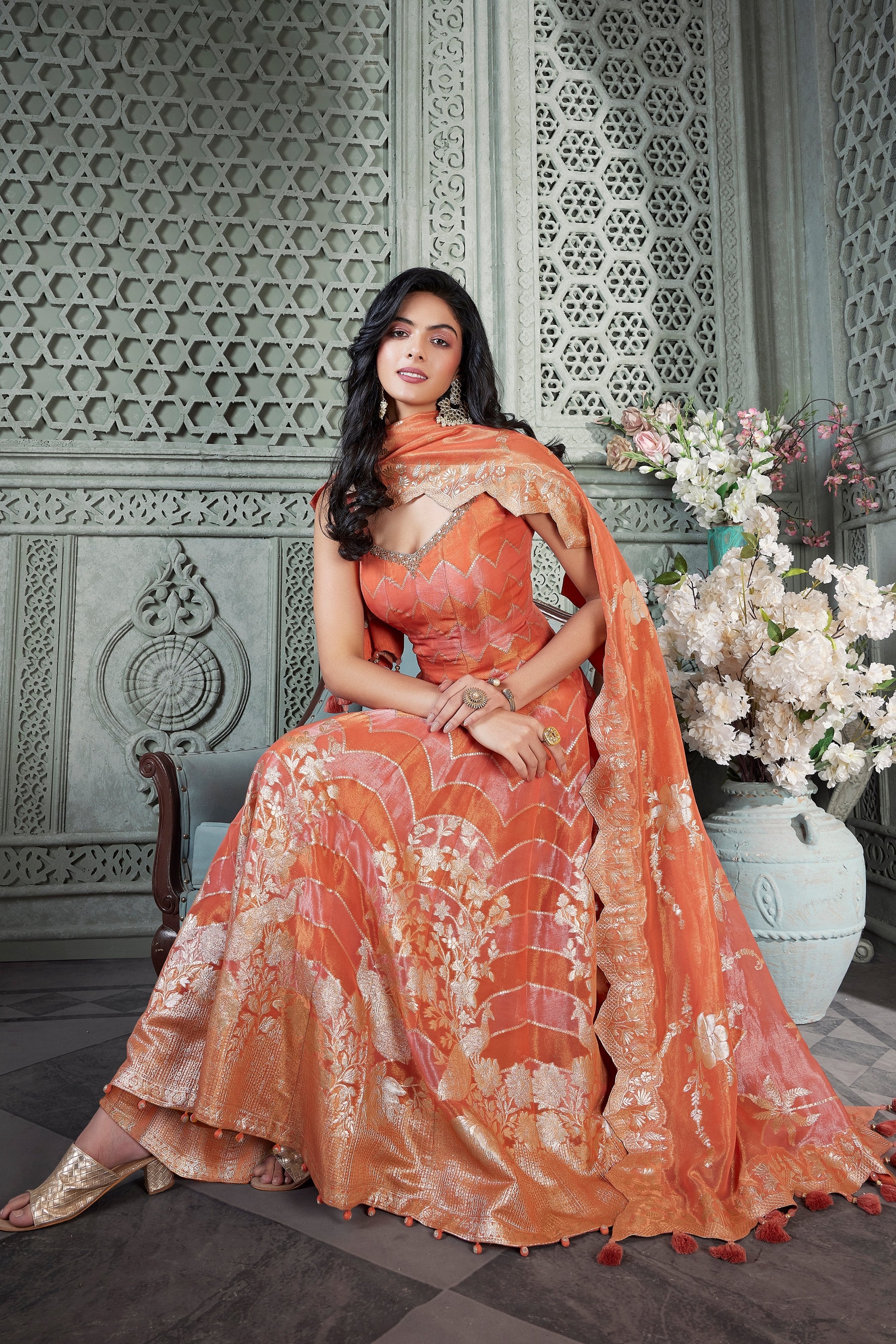 Coral Designer Anarkali Palazzo Suit with Attractive Silk Weaving – Palkhi Fashion