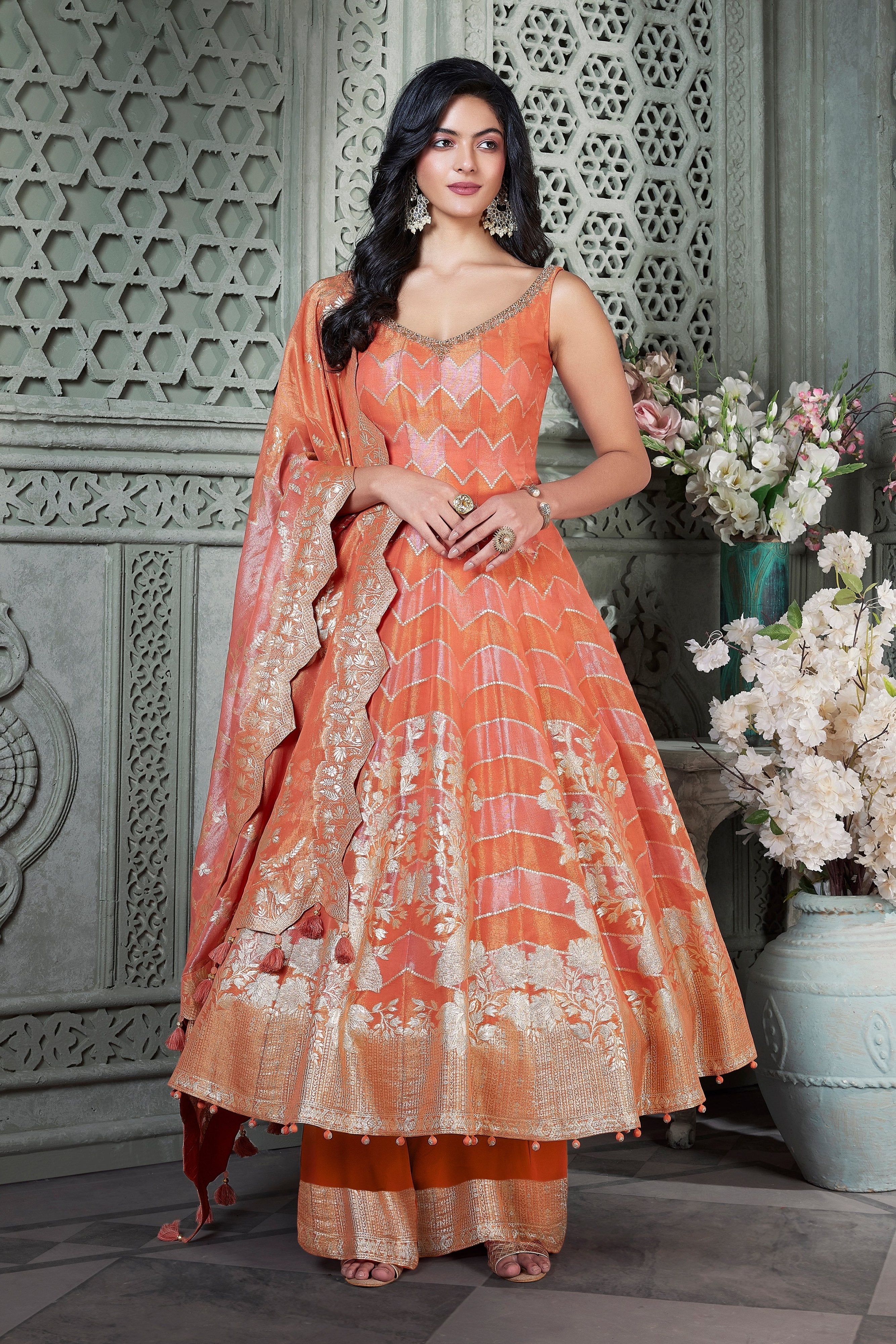 Coral Designer Anarkali Palazzo Suit with Attractive Silk Weaving – Palkhi Fashion