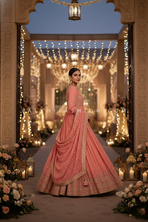 Coral Royale: Designer Soft Silk Anarkali Suit with Pure Silk Dupatta – Palkhi Fashion
