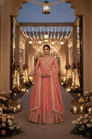 Coral Royale: Designer Soft Silk Anarkali Suit with Pure Silk Dupatta – Palkhi Fashion