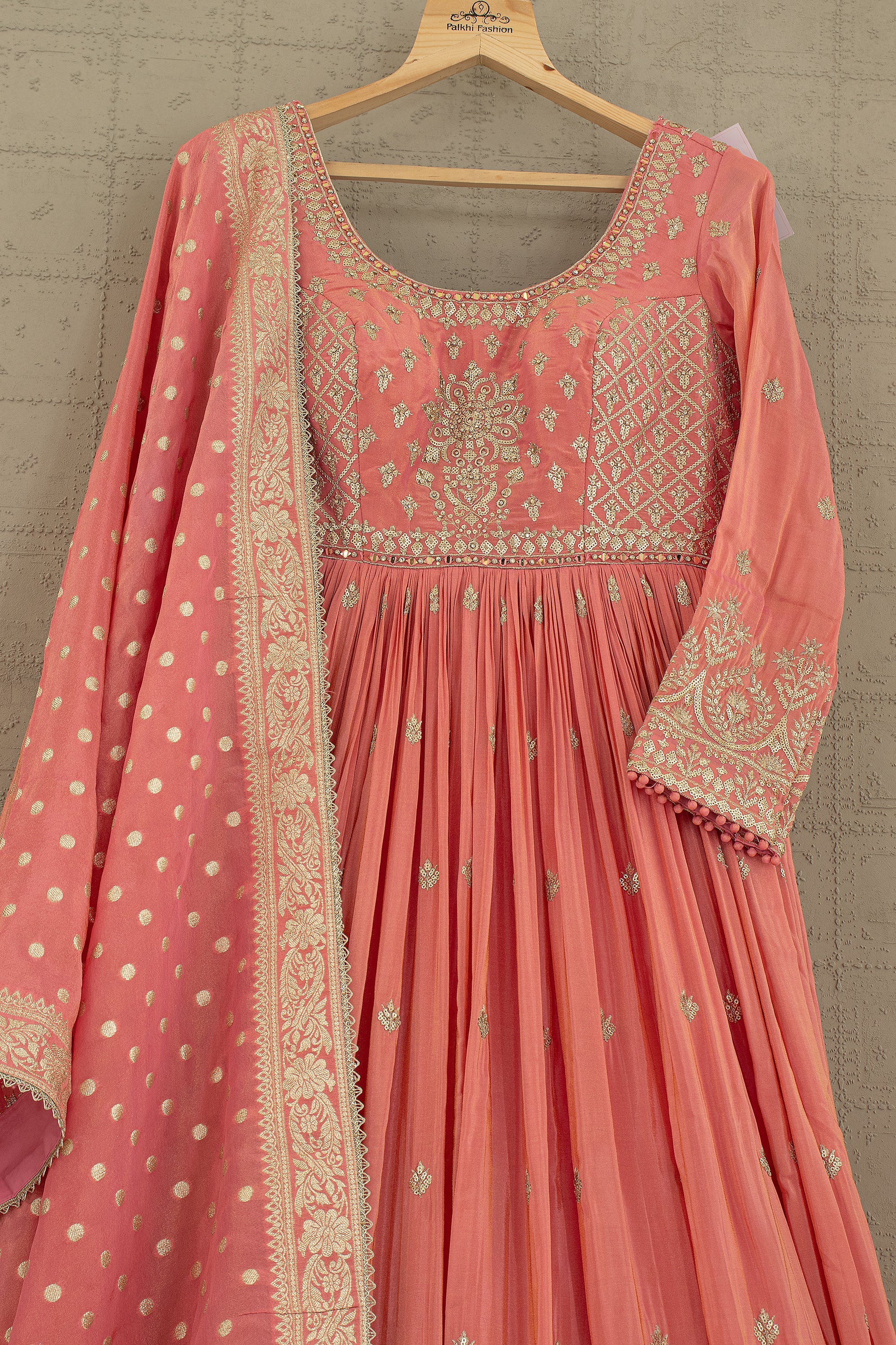 Coral Royale: Designer Soft Silk Anarkali Suit with Pure Silk Dupatta – Palkhi Fashion