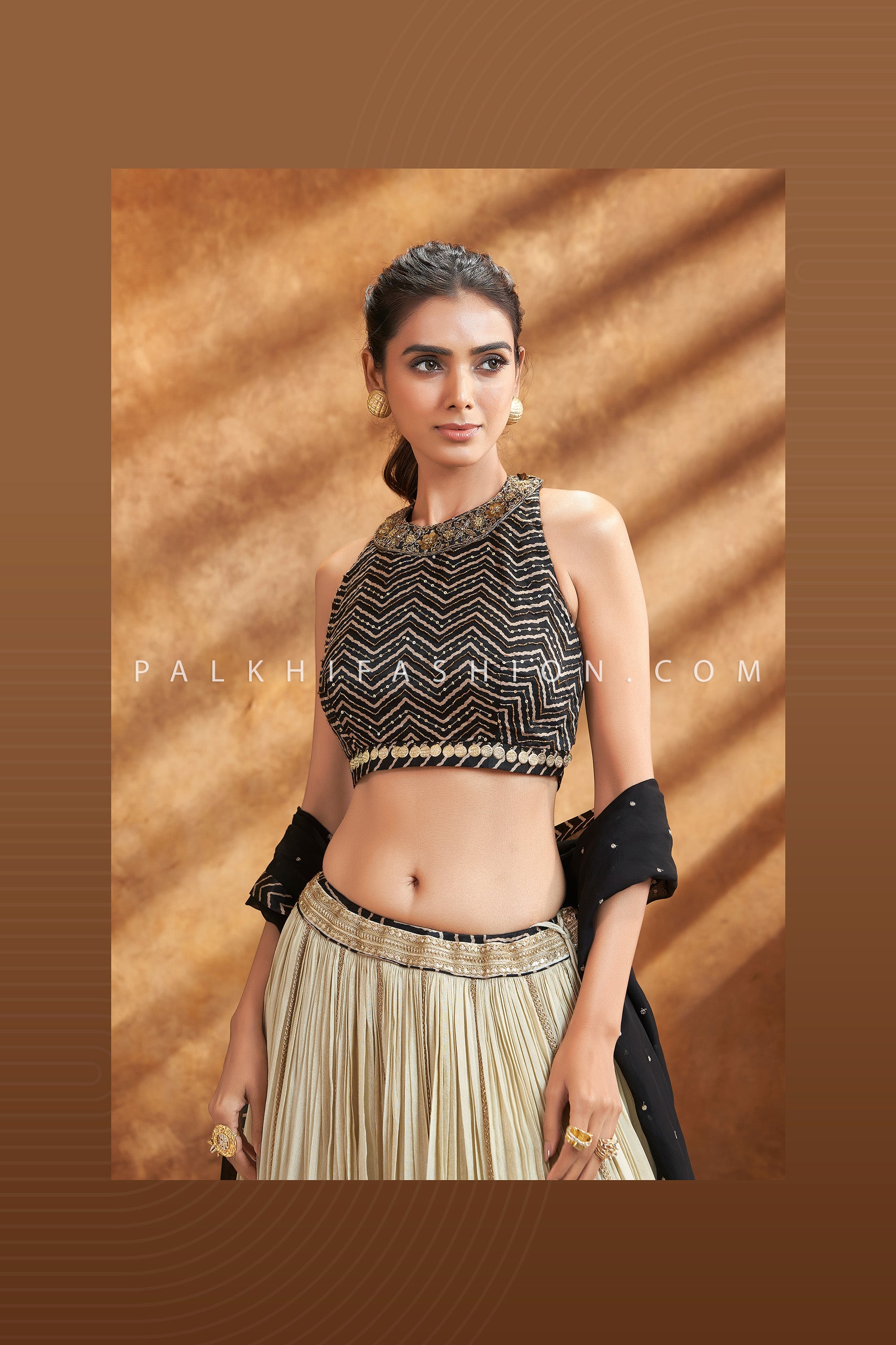 Couture Glow — Champagne/ Black Soft Silk Lehenga Choli Ensemble | Palkhi Fashion Houston