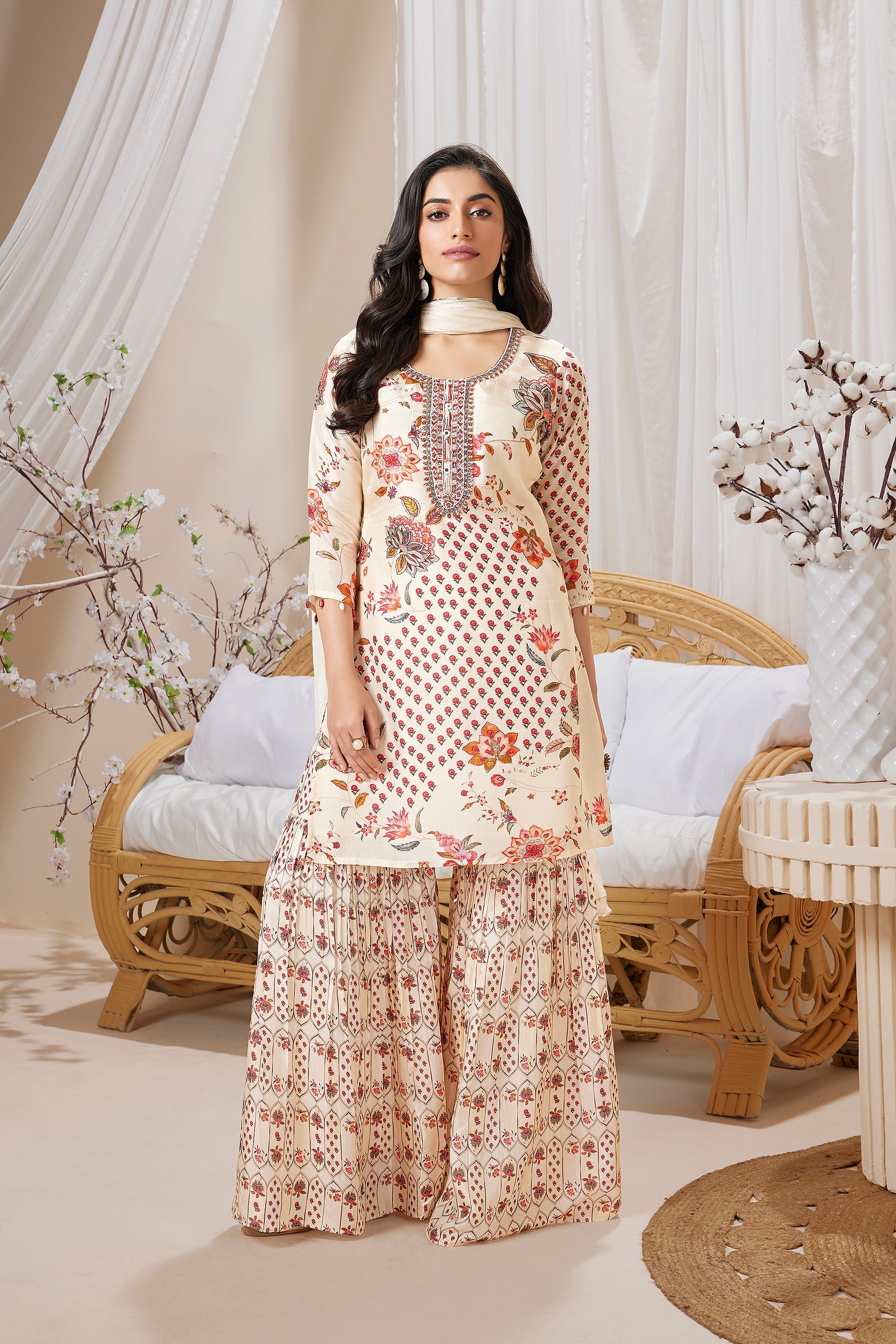Cream Soft Cotton Silk Printed Kurta Sharara Set – Palkhi Fashion