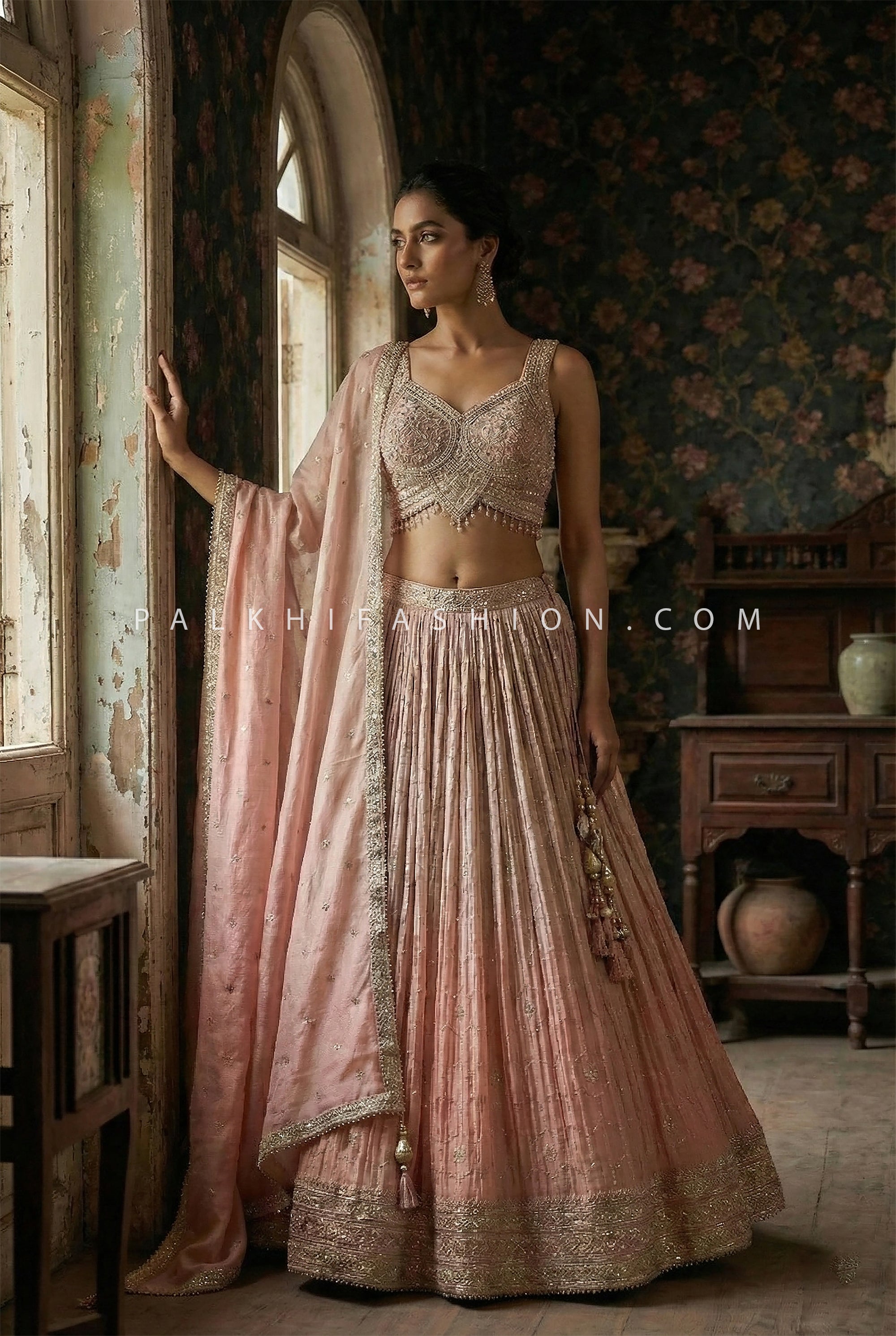 Crystal Elegance - Antique - rose/ Blush Champagne Designer Lehenga – Palkhi Fashion