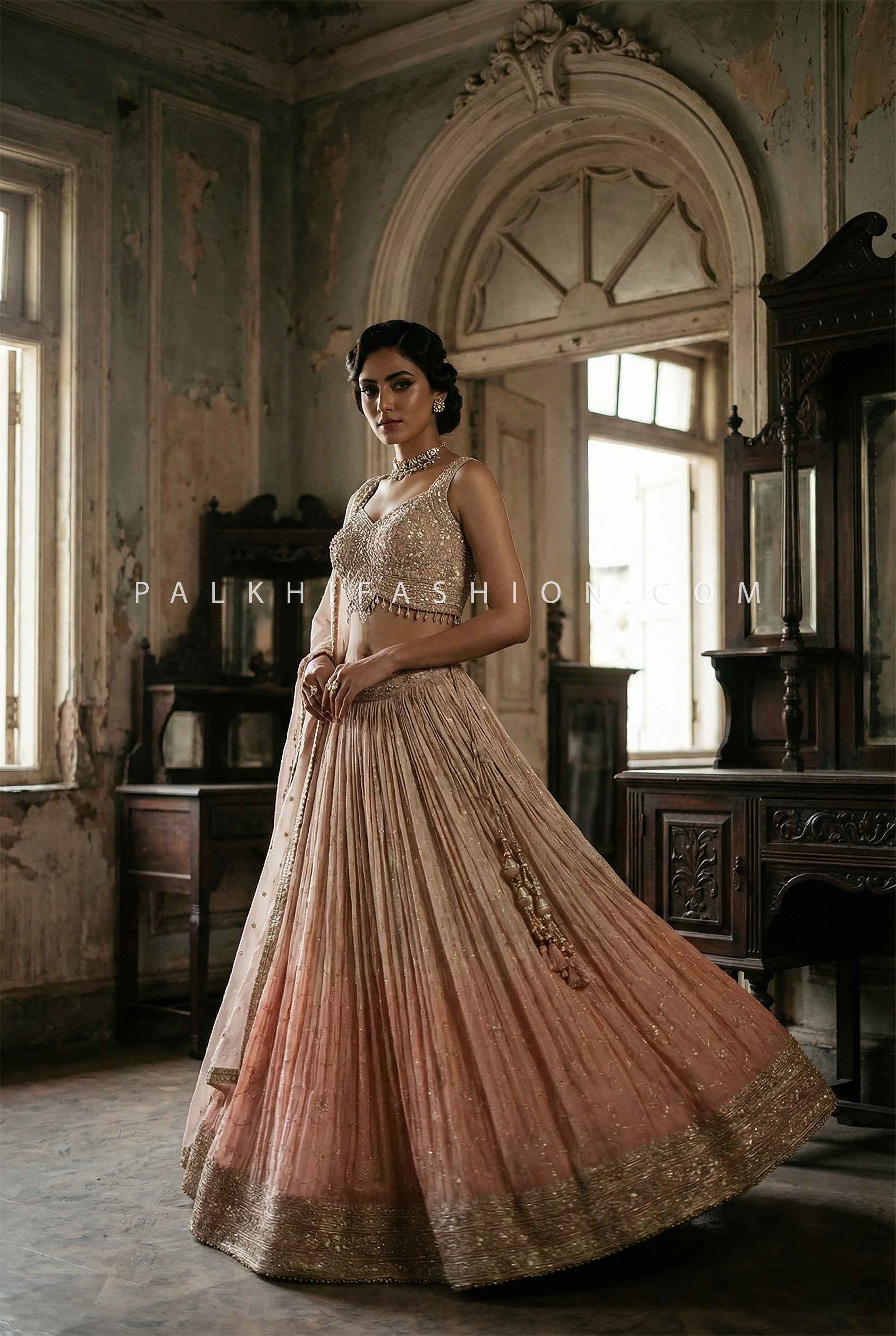 Crystal Elegance - Antique-rose/ Blush Champagne Designer Lehenga – Palkhi Fashion