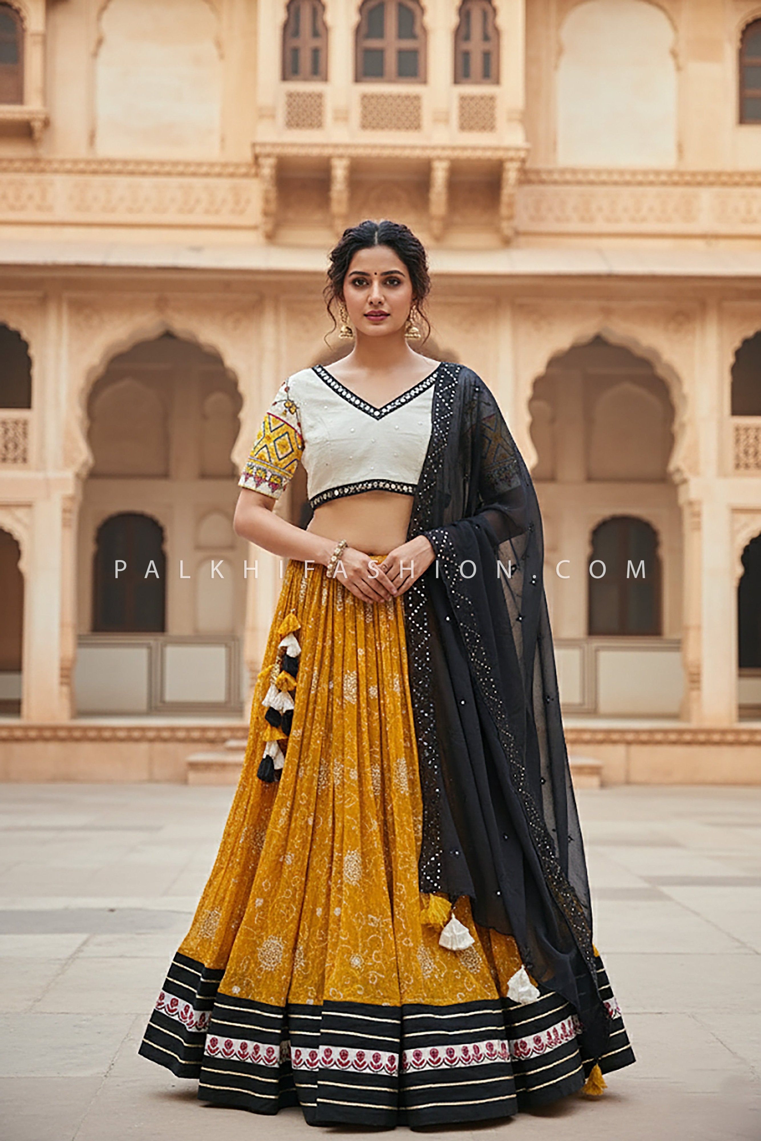 💛 Desert Marigold: Mirrorlit Garba Glow Bandhani Navratri Chaniya Choli – Palkhi Fashion