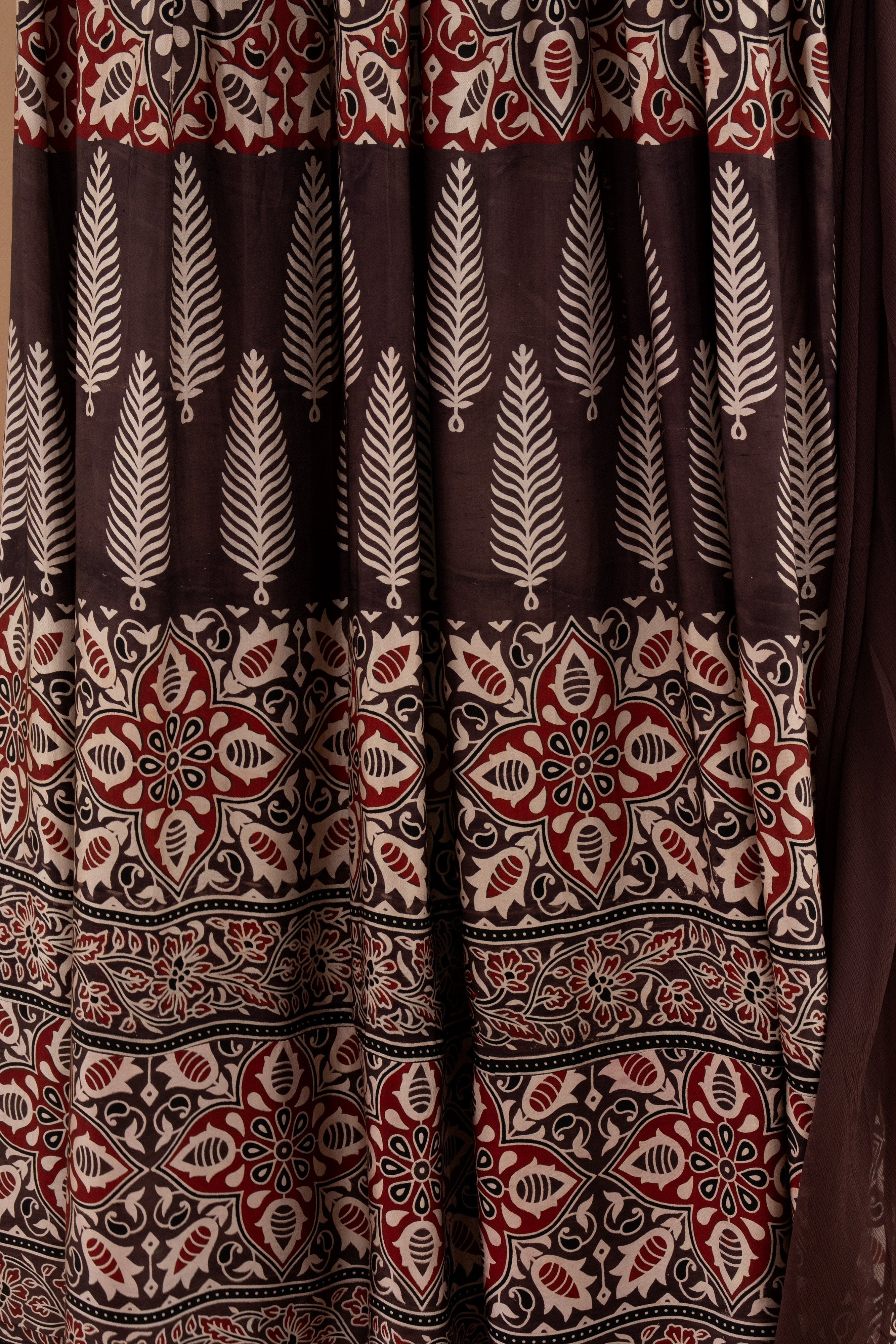 Desert Muse: Deep Brown Ajrakh Print Indian Outfit with Jacket – Palkhi Fashion