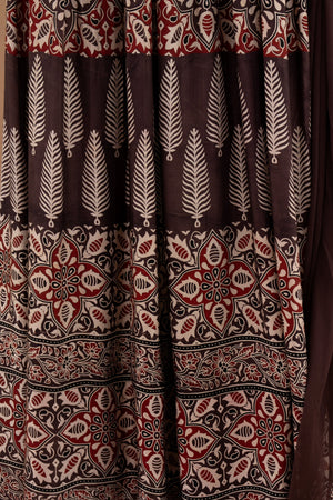Desert Muse: Deep Brown Ajrakh Print Indian Outfit with Jacket – Palkhi Fashion