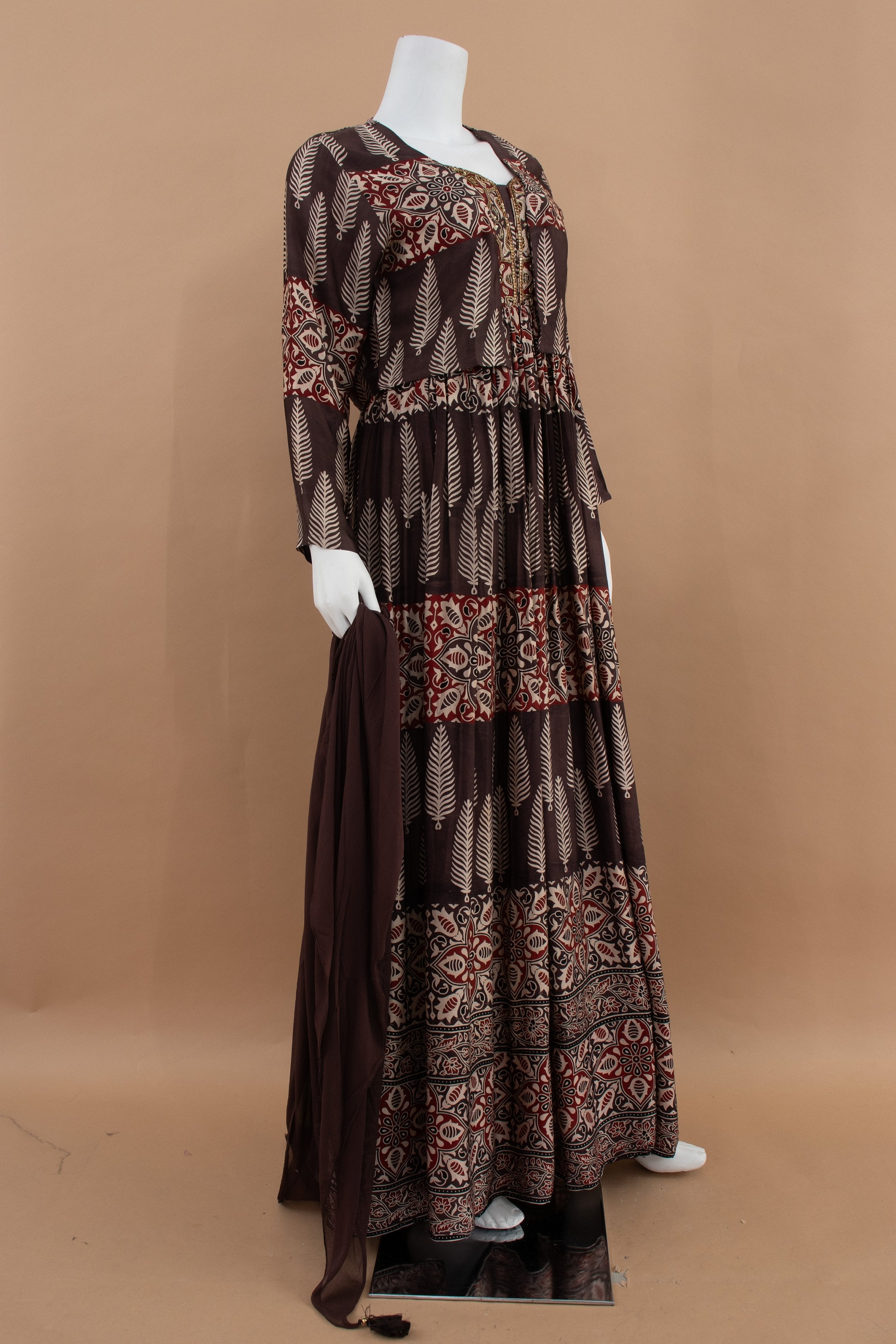 Desert Muse: Deep Brown Ajrakh Print Indian Outfit with Jacket – Palkhi Fashion
