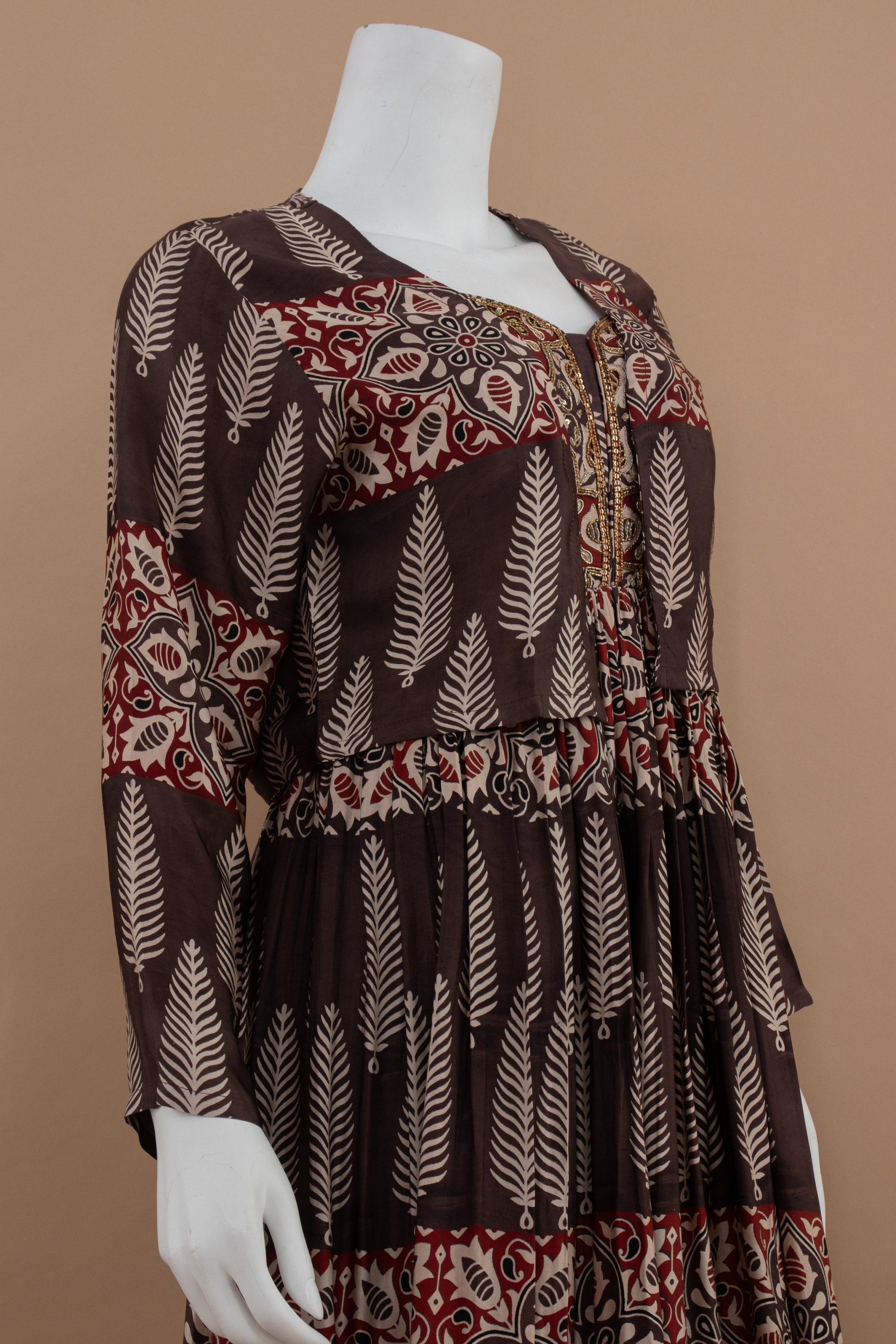 Desert Muse: Deep Brown Ajrakh Print Indian Outfit with Jacket – Palkhi Fashion