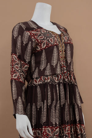 Desert Muse: Deep Brown Ajrakh Print Indian Outfit with Jacket – Palkhi Fashion