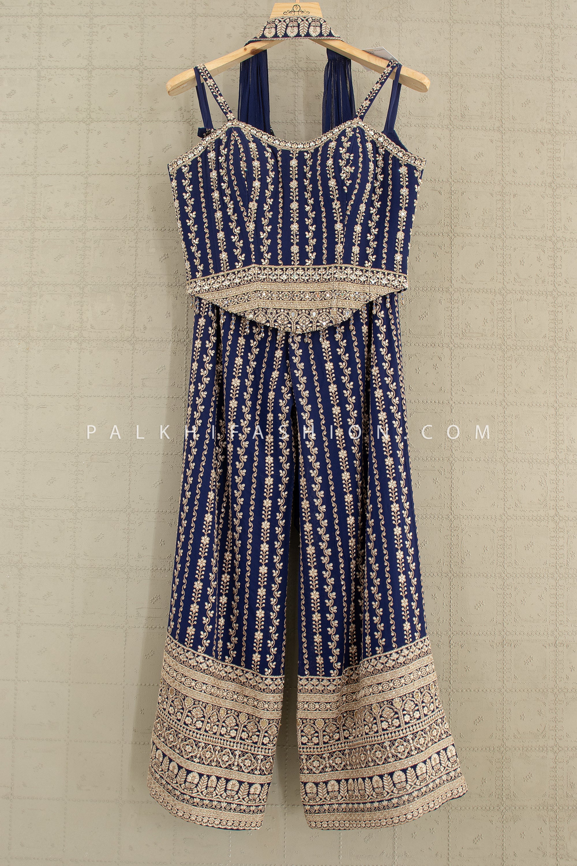 Designer Navy Blue Palazzo Set with Beaded Corset Top – Shop Palkhi Fashion