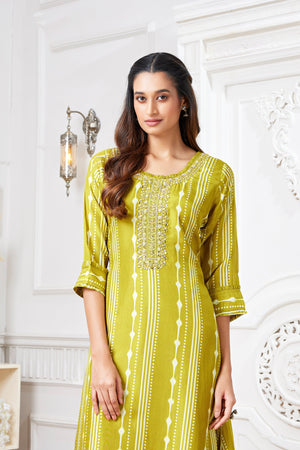 Designer Olive Yellow Salwar Kameez with Ikat Embroidery & Mirror Work
