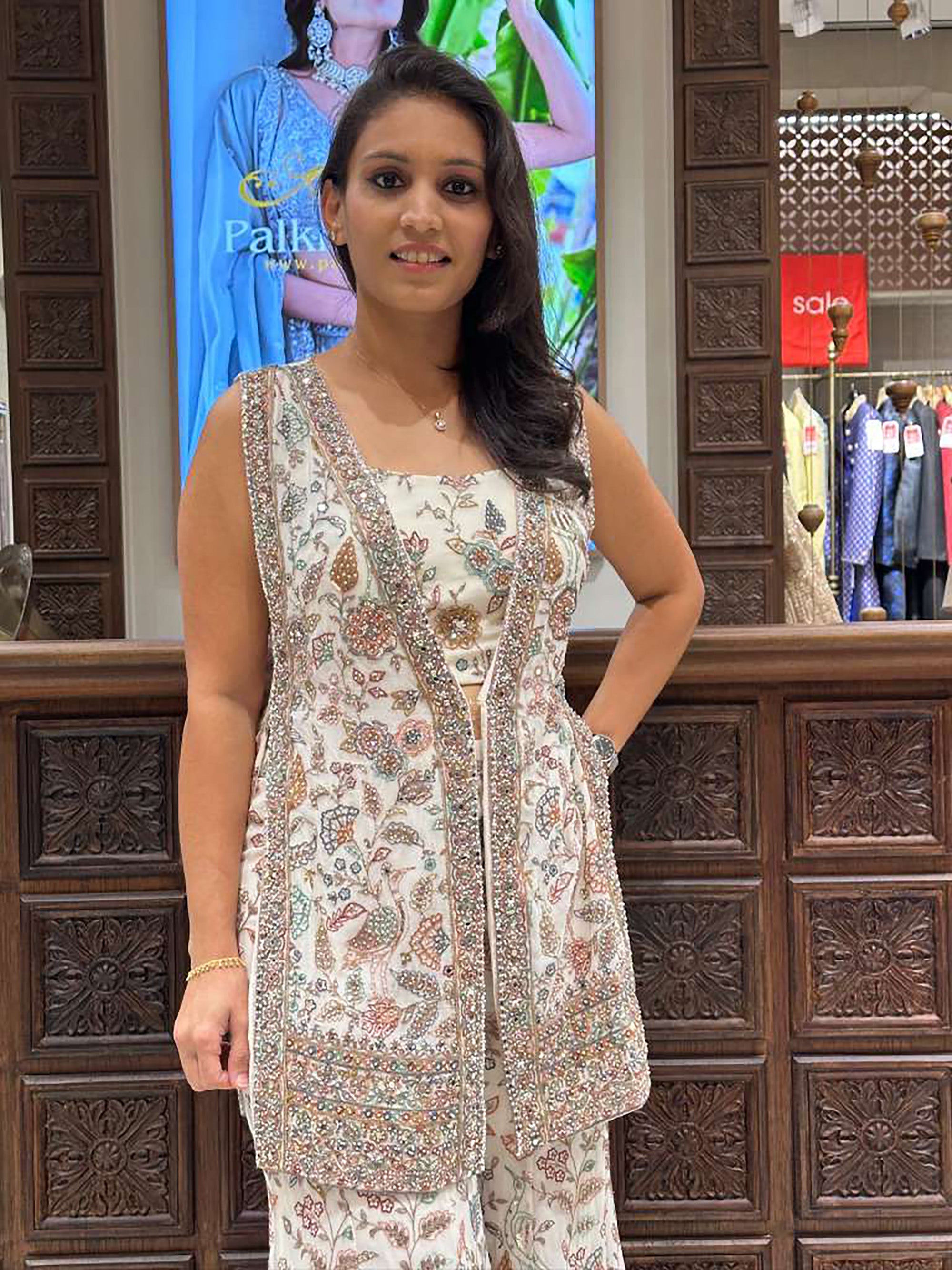 Designer White Indo - Western fusion Crop - Top Jacket Set With Embroidery Work