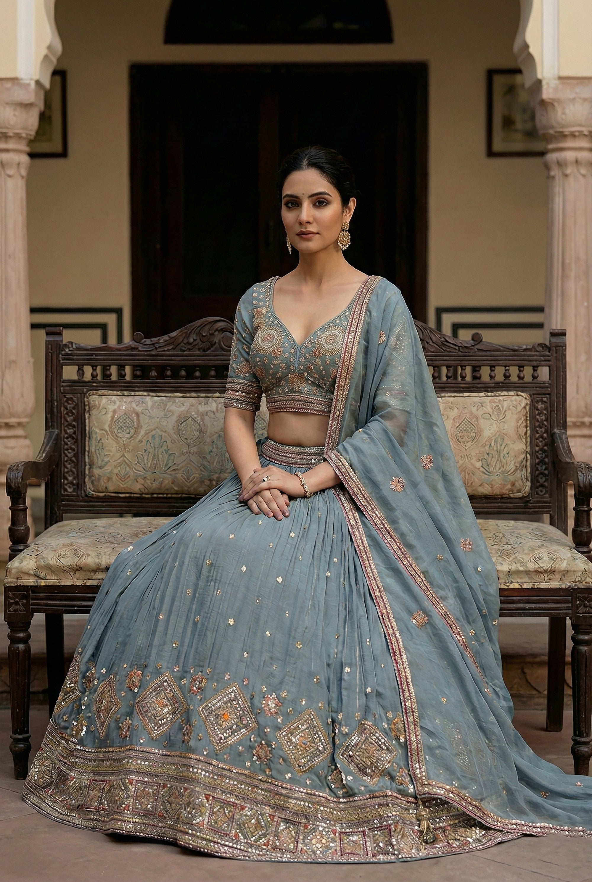 Dusty Blue Dream: Multicolor Handwork Lehenga Choli – Palkhi Fashion Houston