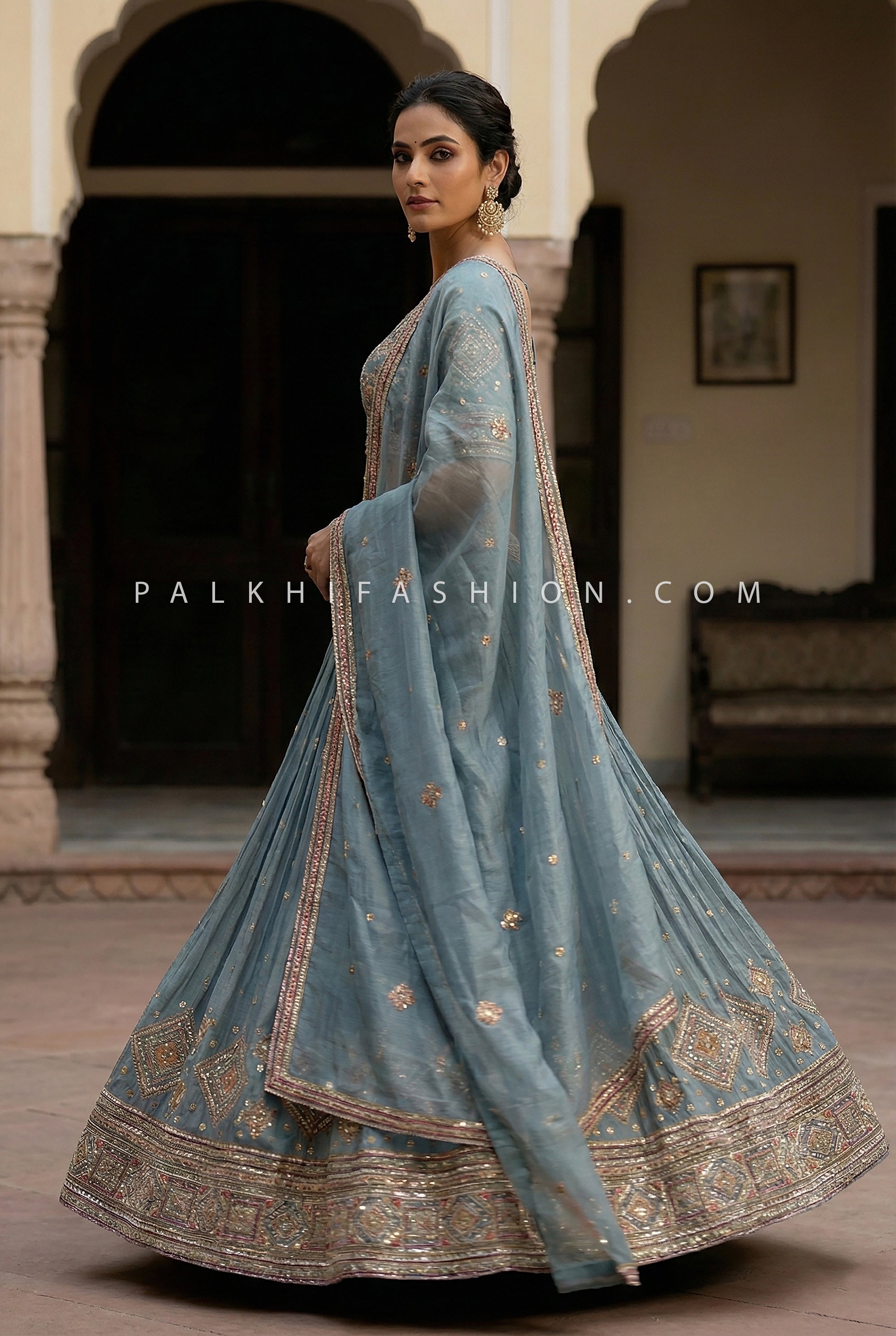 Dusty Blue Dream: Multicolor Handwork Lehenga Choli – Palkhi Fashion Houston