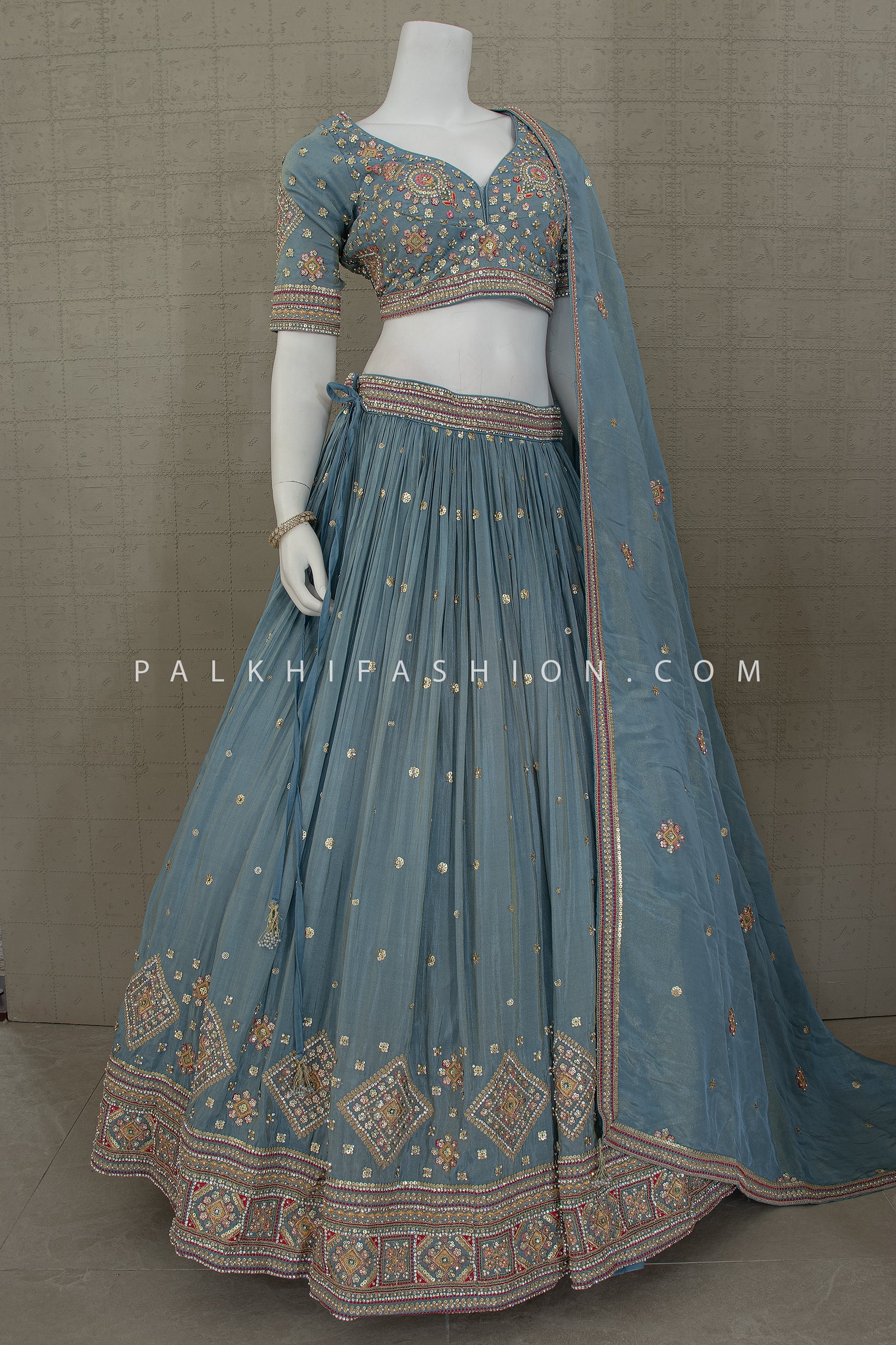 Dusty Blue Dream: Multicolor Handwork Lehenga Choli – Palkhi Fashion Houston