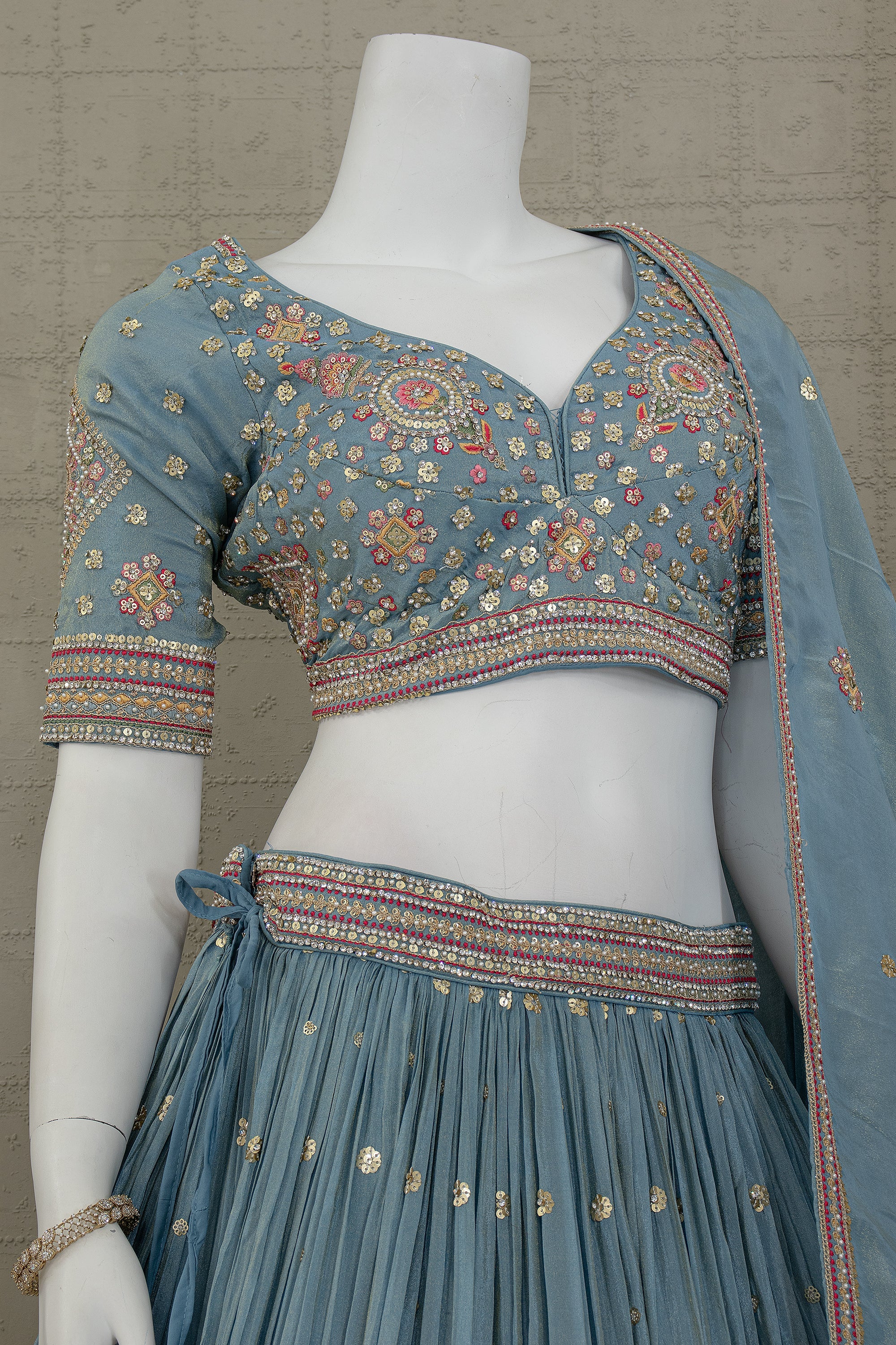 Dusty Blue Dream: Multicolor Handwork Lehenga Choli – Palkhi Fashion Houston