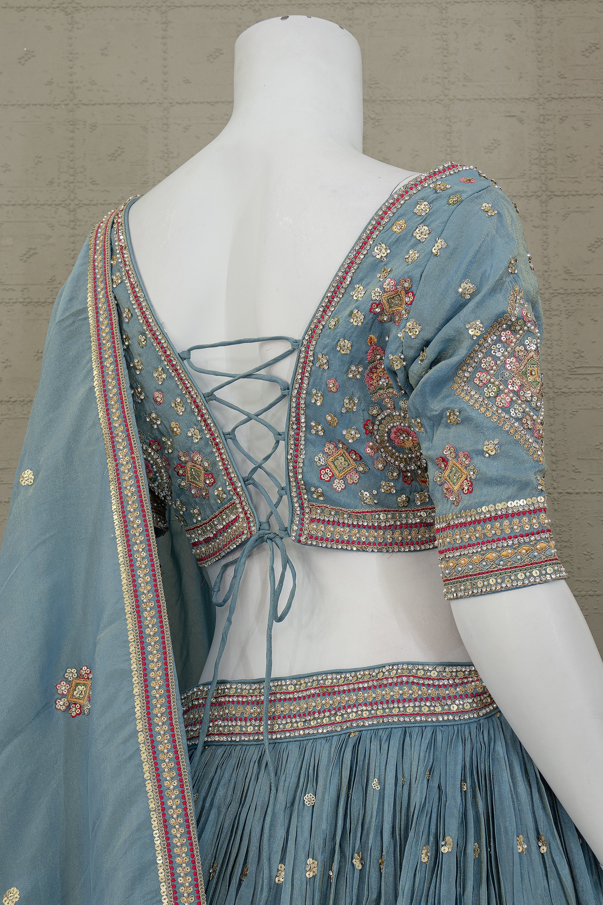 Dusty Blue Dream: Multicolor Handwork Lehenga Choli – Palkhi Fashion Houston