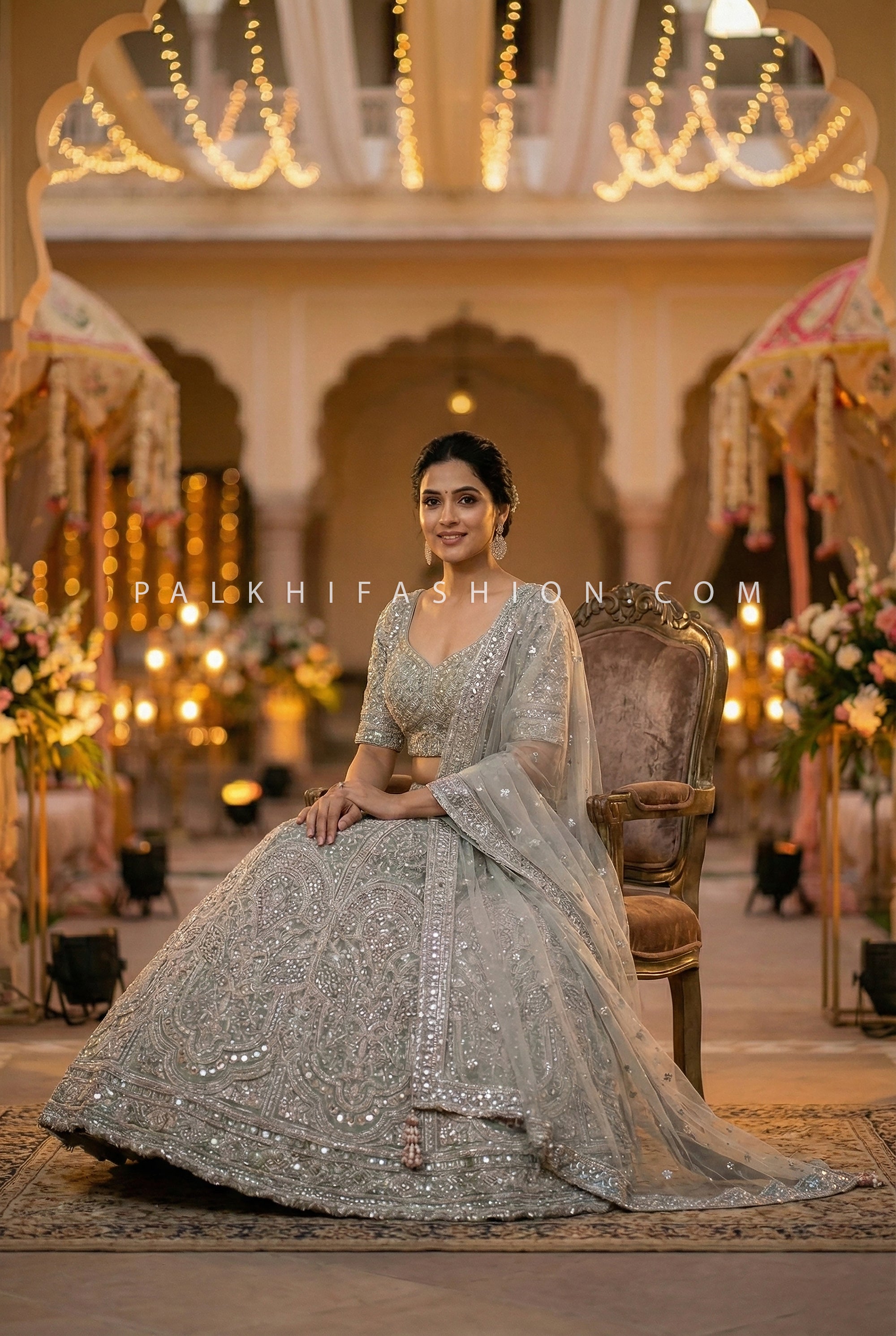 Dusty Seafoam Green Lehenga Choli With Jaal Work | Palkhi Fashion Houston