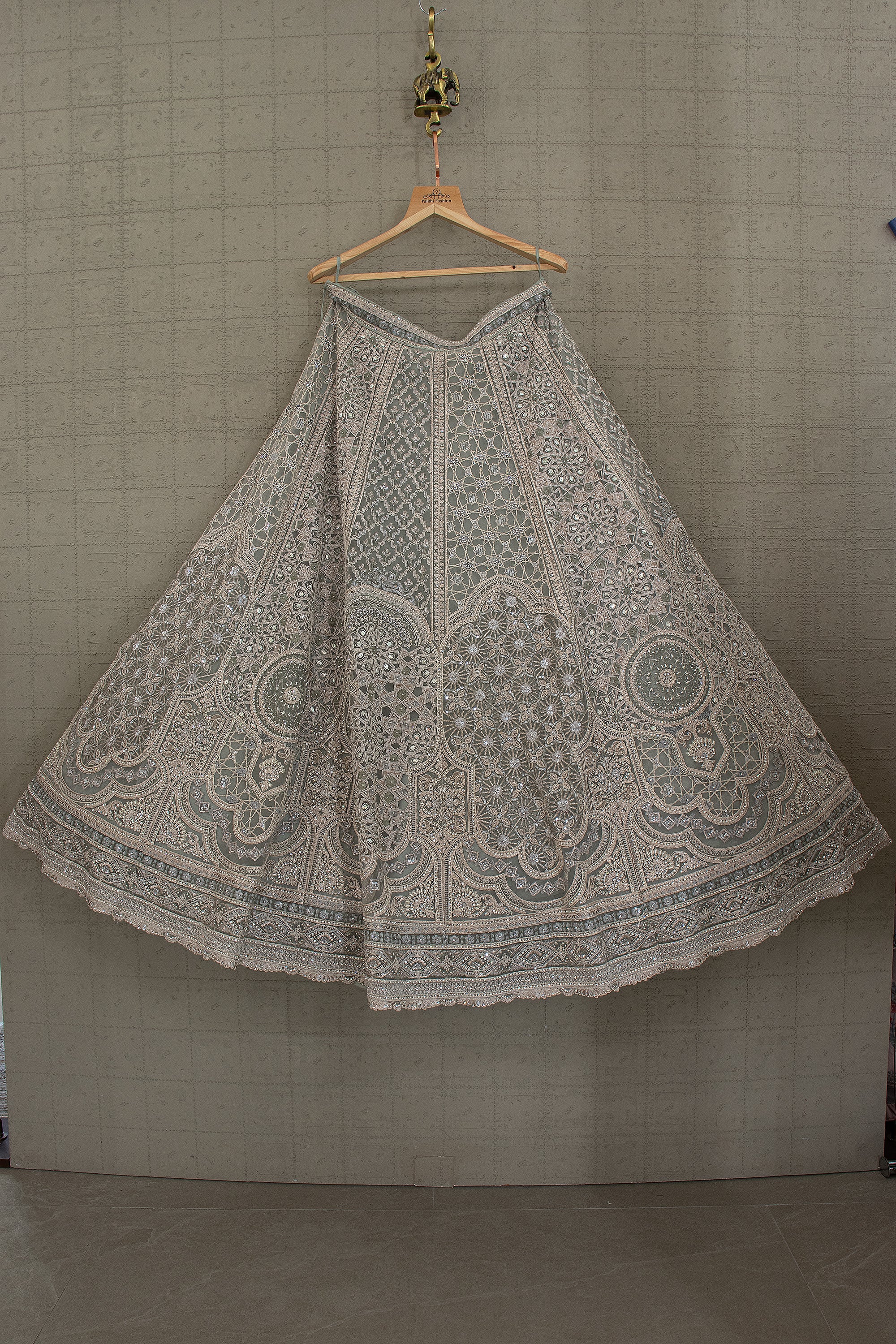 Dusty Seafoam Green Lehenga Choli With Jaal Work | Palkhi Fashion Houston