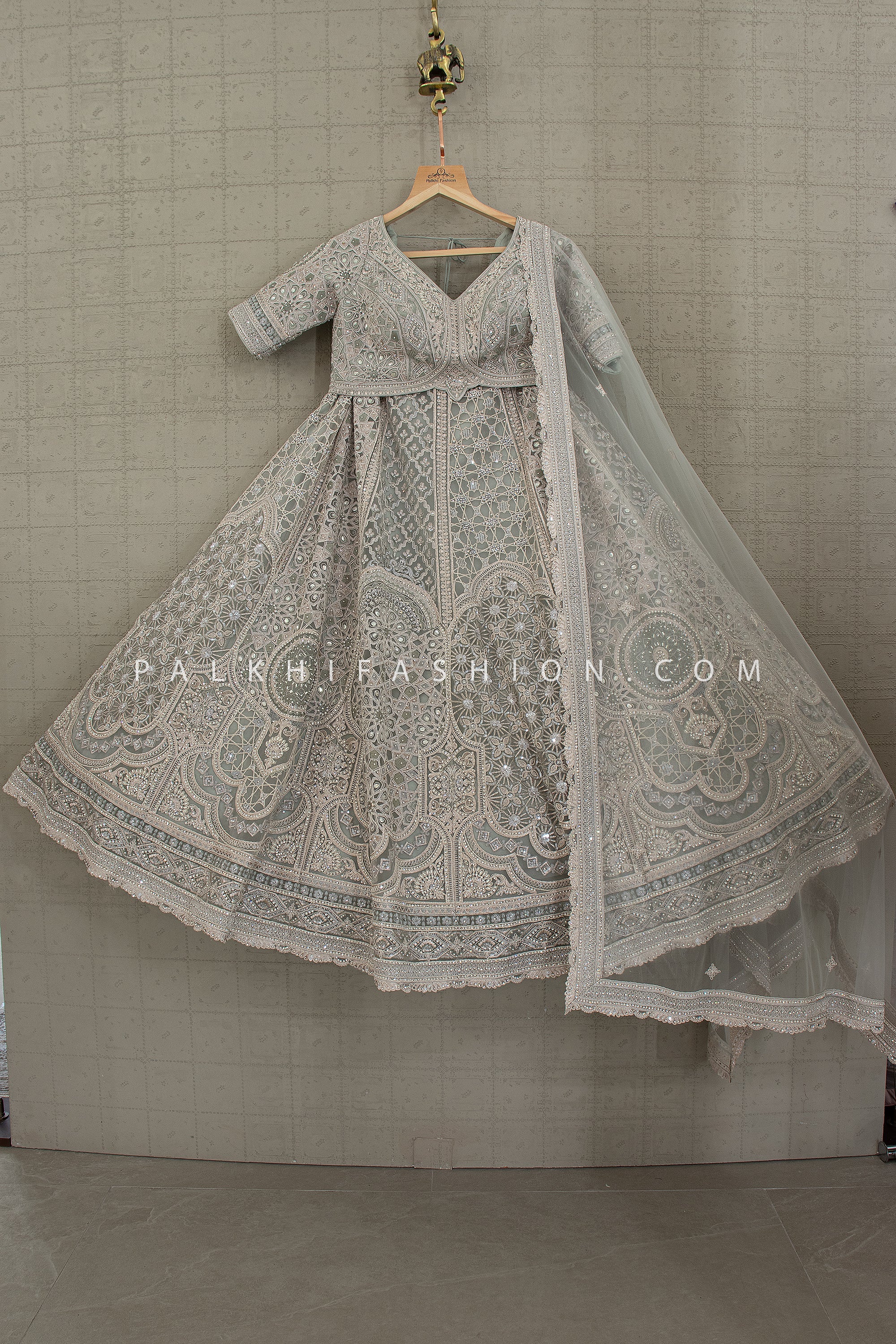 Dusty Seafoam Green Lehenga Choli With Jaal Work | Palkhi Fashion Houston
