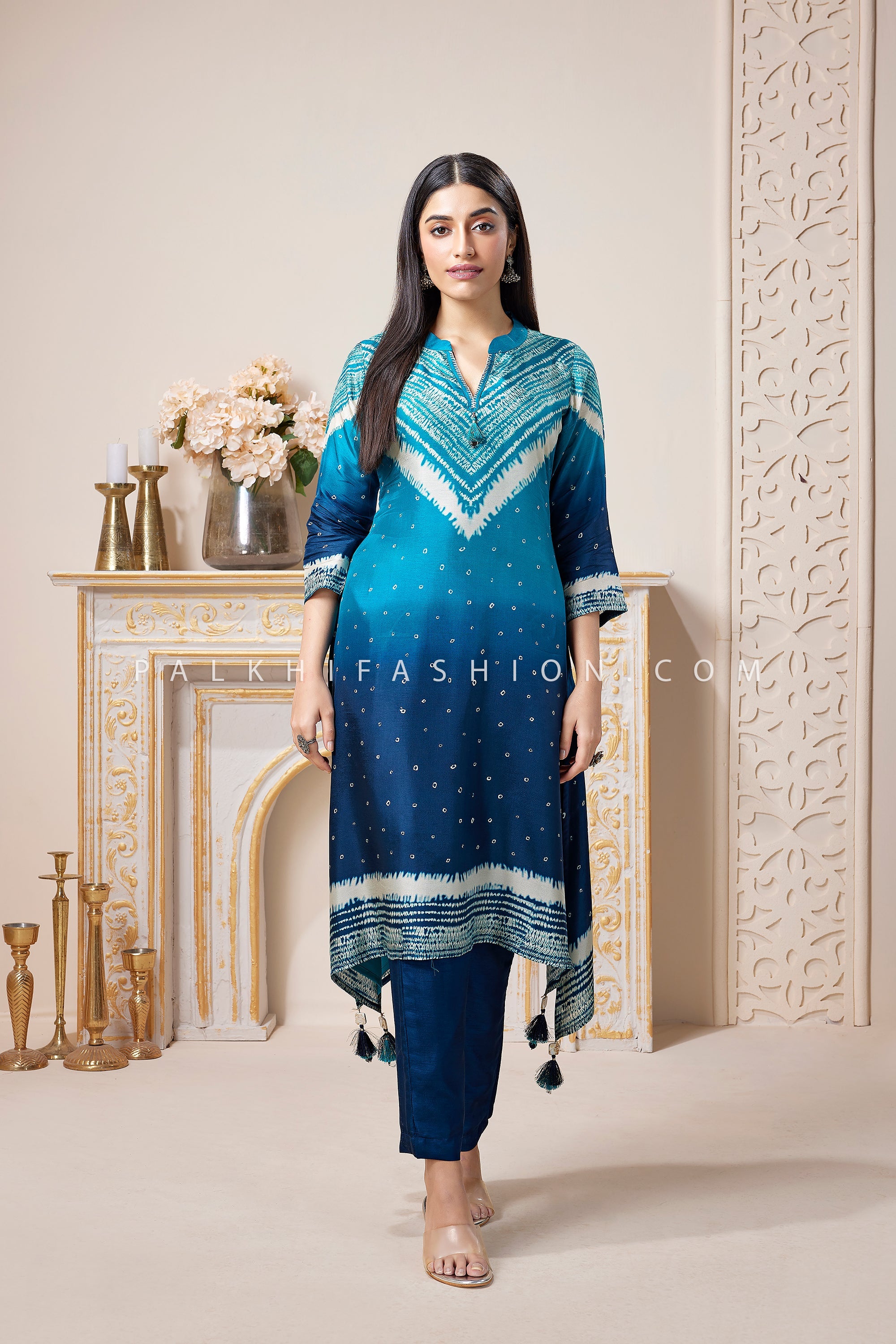 Elegant Blue Ikat Straight Cut Kurti Pant Set – Palkhi Fashion