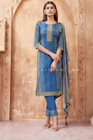Elegant Light Blue Straight Cut Cotton Silk Suit – Palkhi Fashion