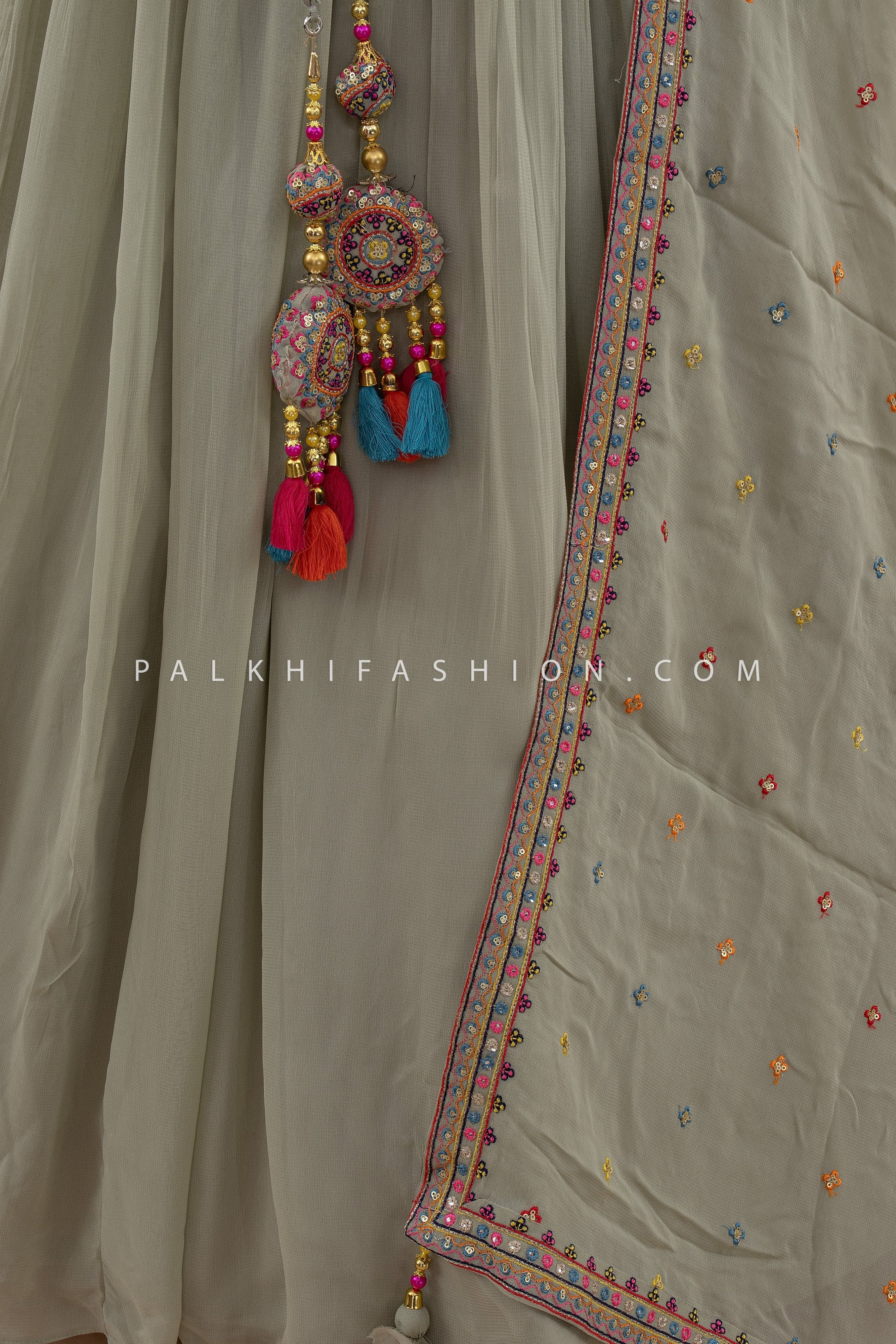 Elegant Olive Haze Pure Georgette Embroidered Lehenga Choli – Palkhi Fashion