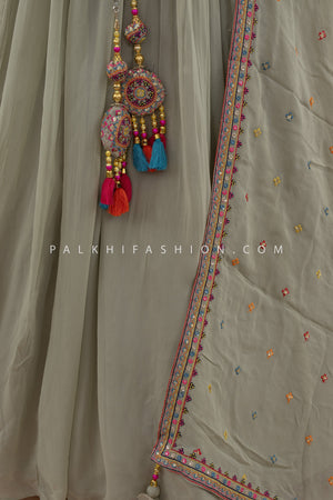 Elegant Olive Haze Pure Georgette Embroidered Lehenga Choli – Palkhi Fashion