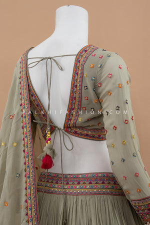 Elegant Olive Haze Pure Georgette Embroidered Lehenga Choli – Palkhi Fashion