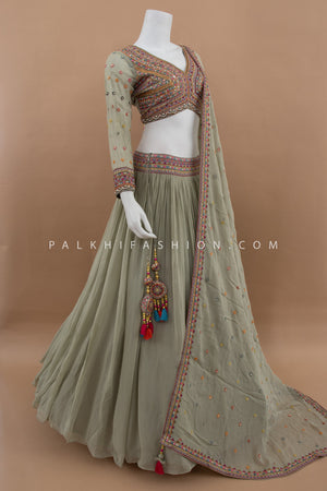 Elegant Olive Haze Pure Georgette Embroidered Lehenga Choli – Palkhi Fashion