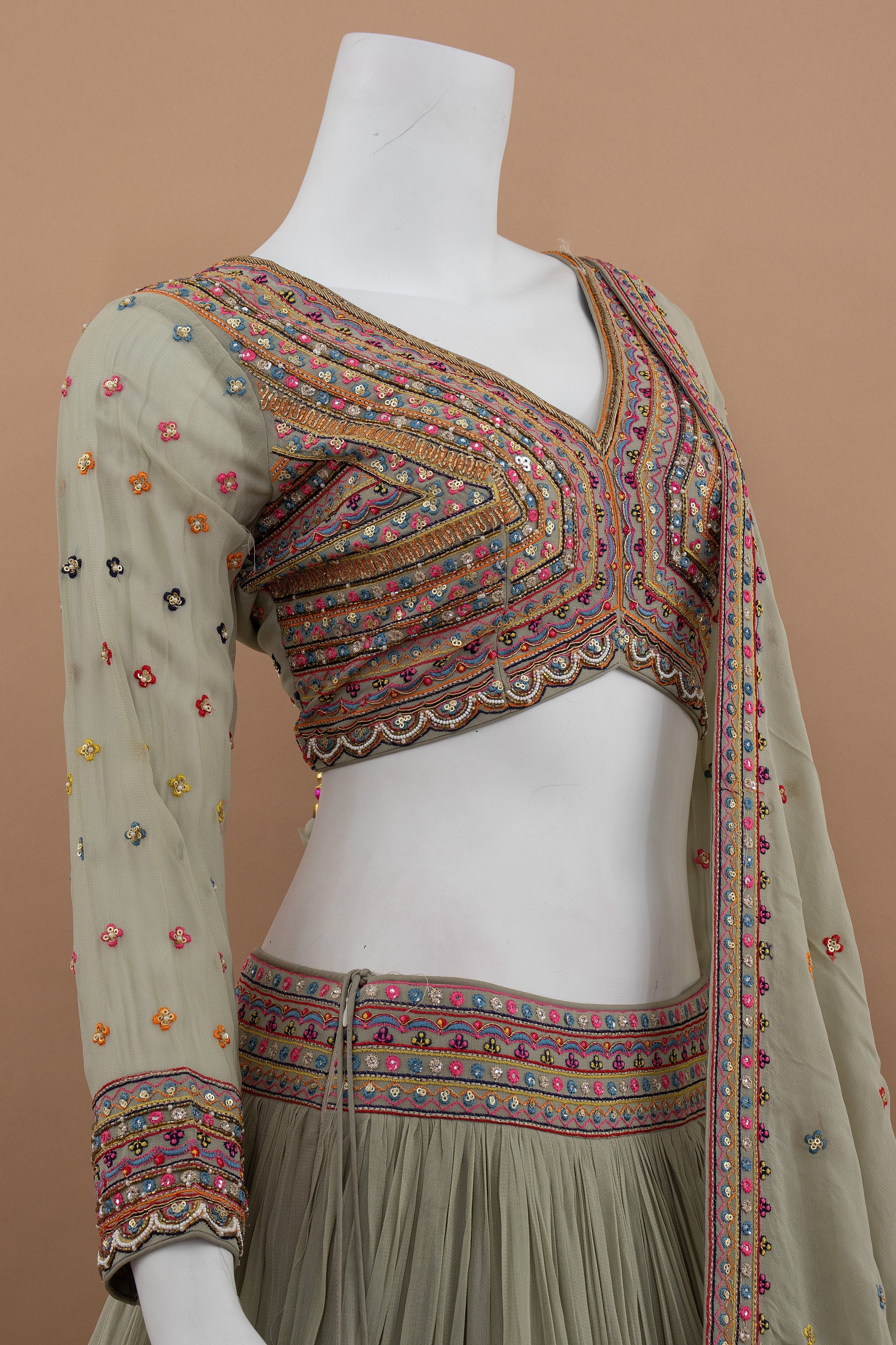 Elegant Olive Haze Pure Georgette Embroidered Lehenga Choli – Palkhi Fashion
