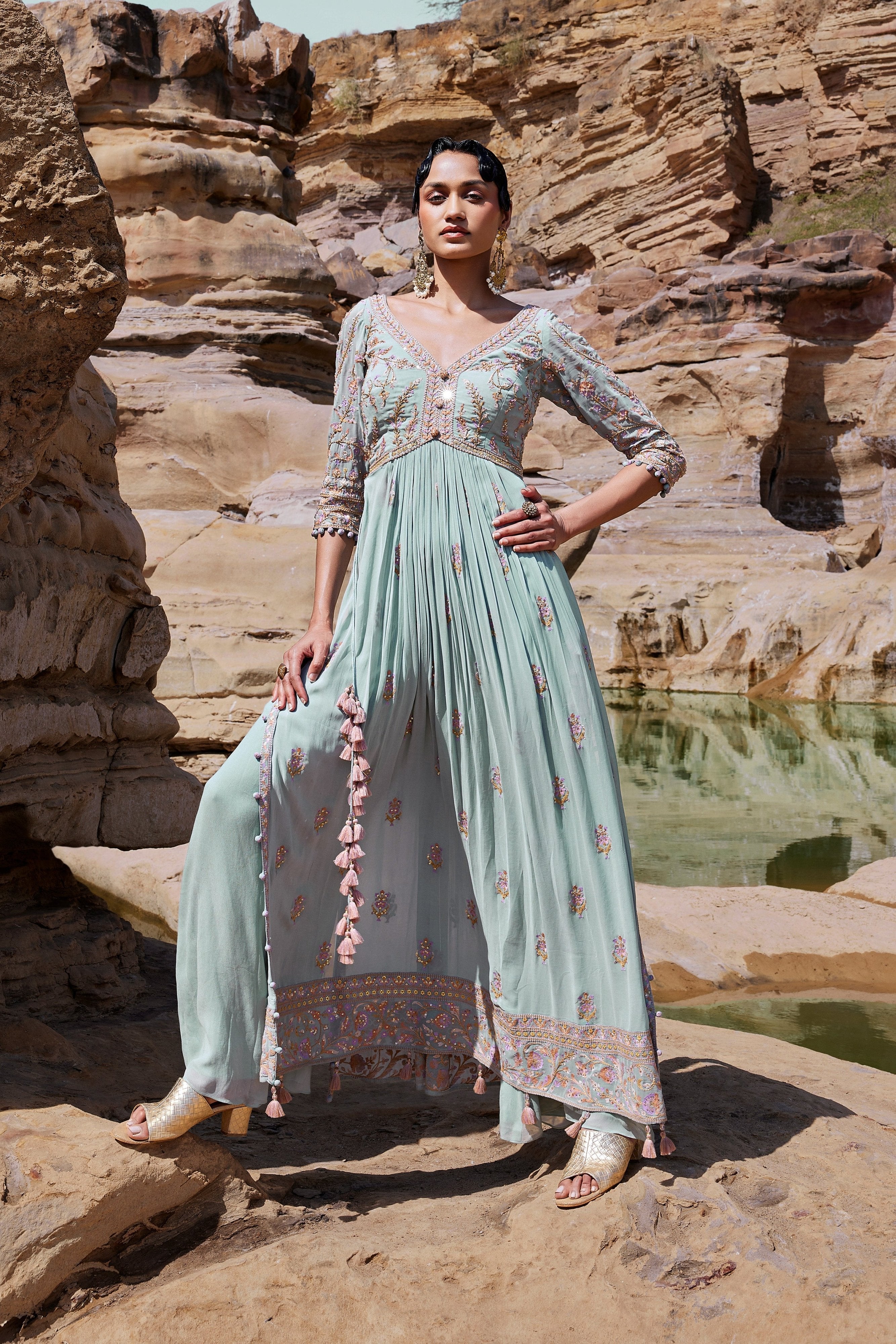Elegant Summer Green Naira Cut Palazzo Suit with Embroidery – Palkhi Fashion