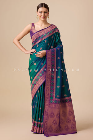 Elegant Teal - Purple Banarasi Saree with Rich Woven Pallu – Palkhi Fashion
