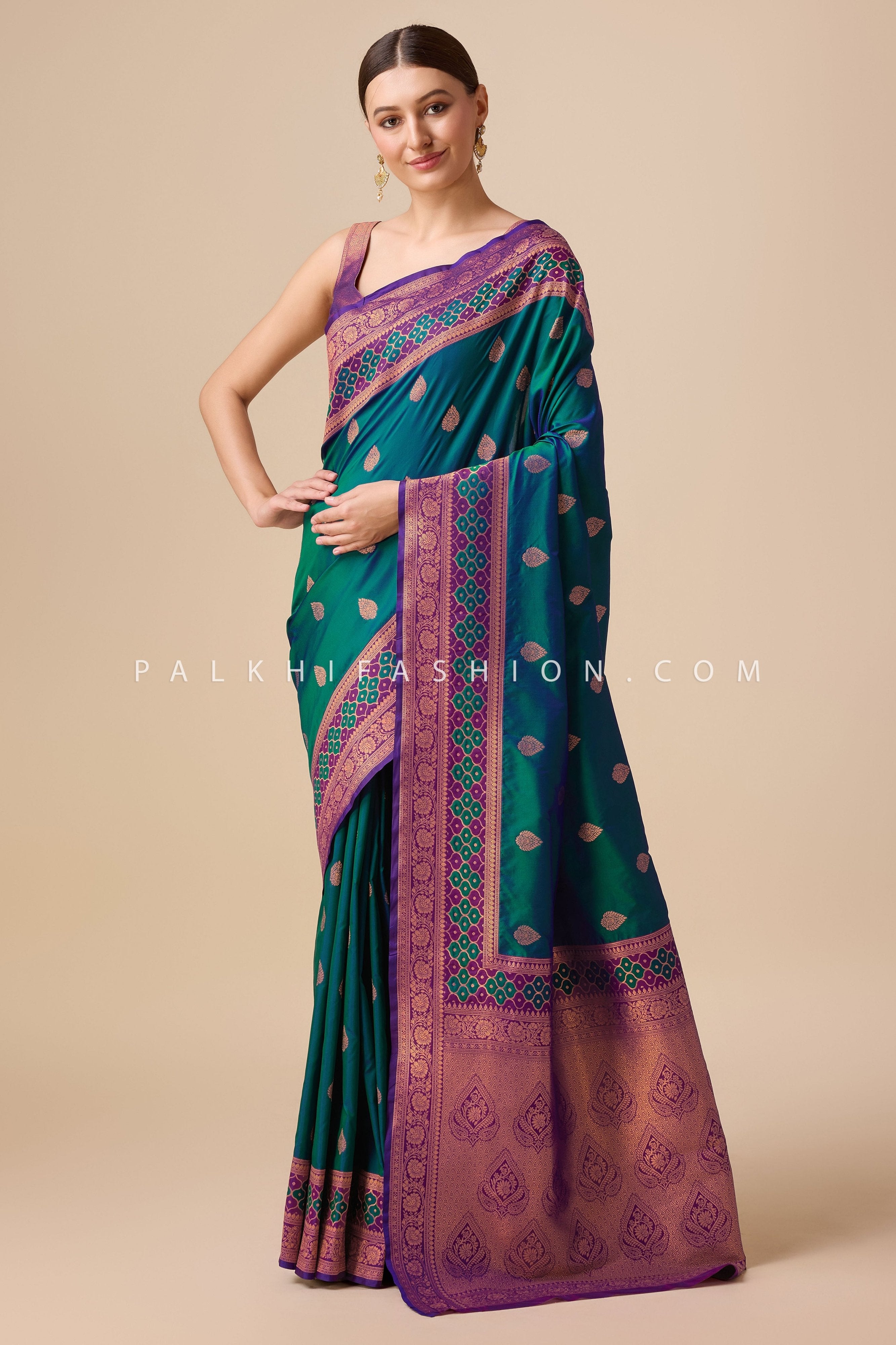 Elegant Teal - Purple Banarasi Saree with Rich Woven Pallu – Palkhi Fashion
