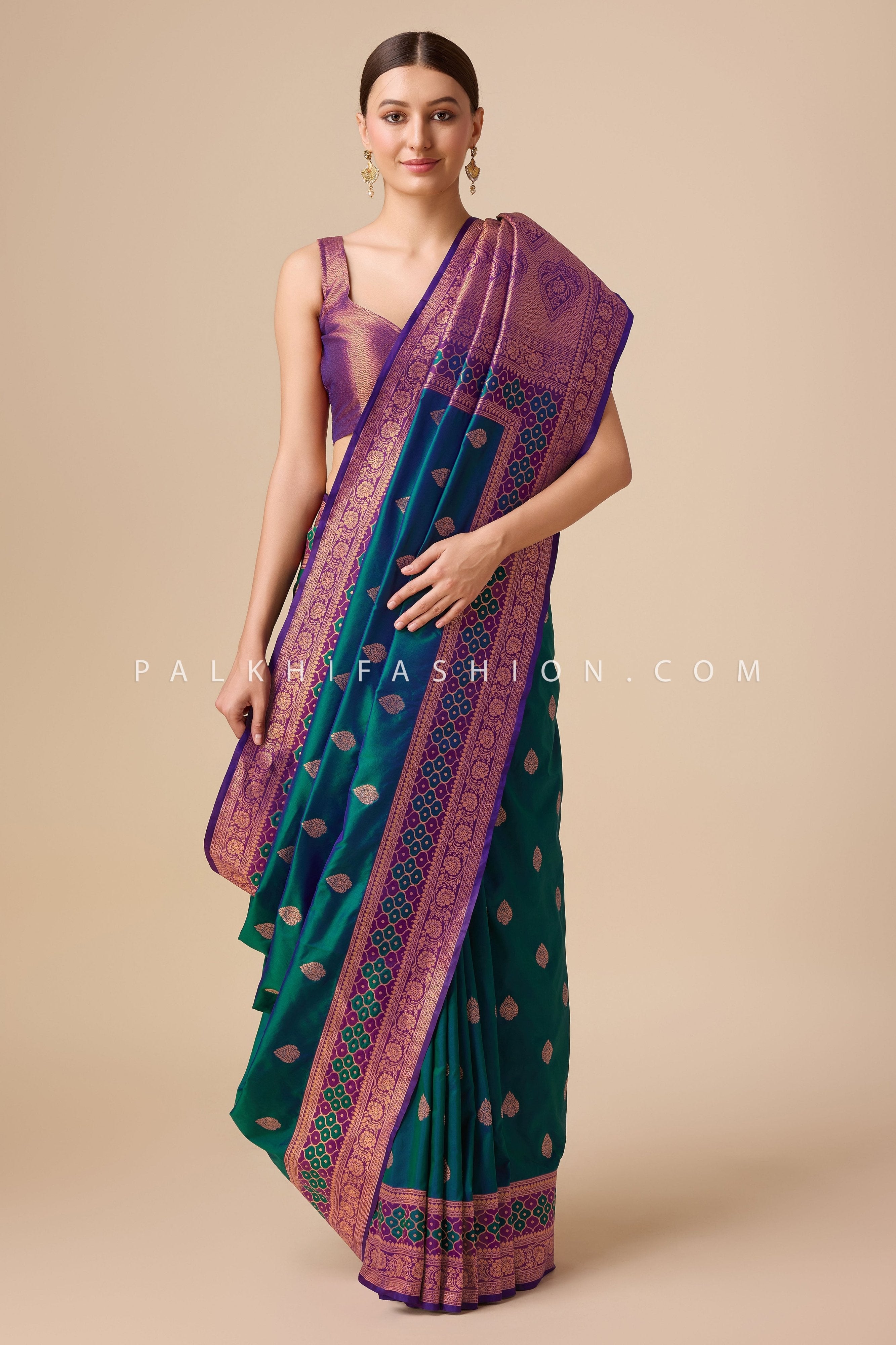Elegant Teal - Purple Banarasi Saree with Rich Woven Pallu – Palkhi Fashion
