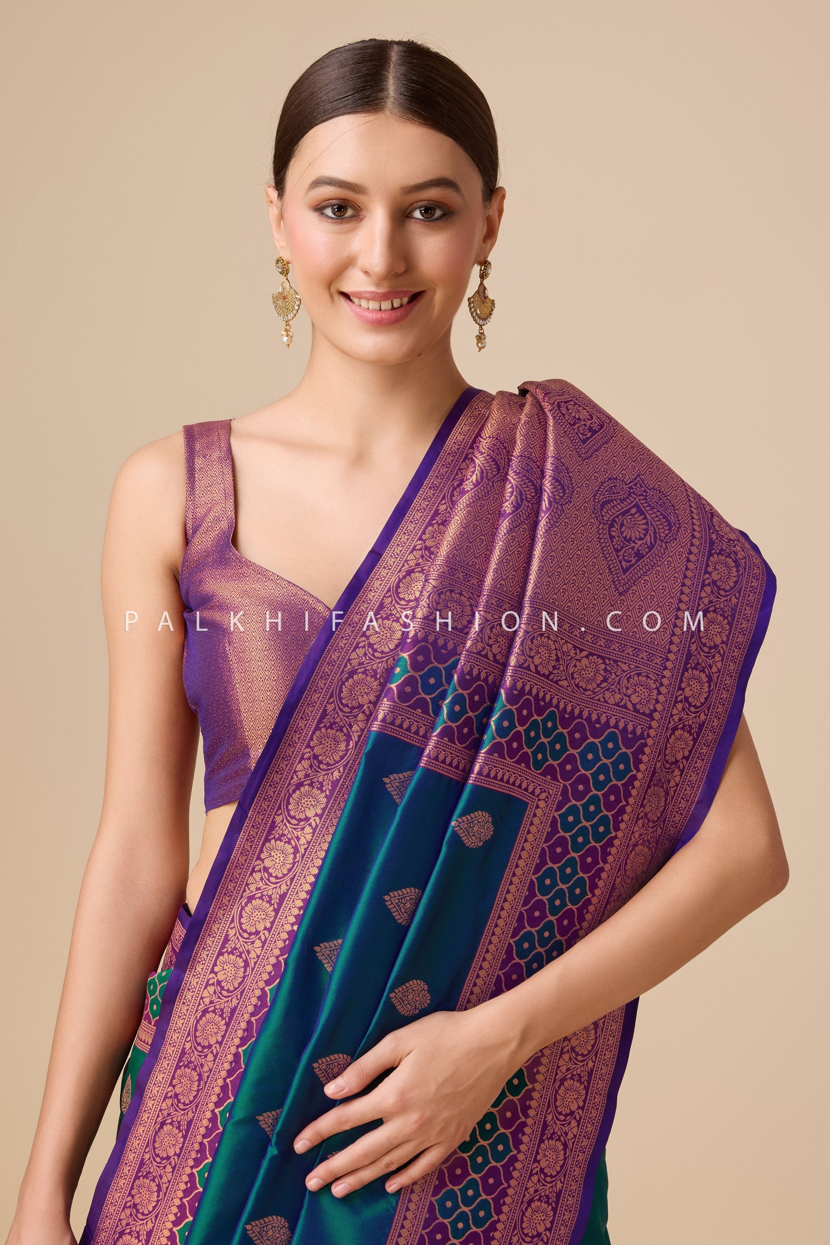 Elegant Teal - Purple Banarasi Saree with Rich Woven Pallu – Palkhi Fashion