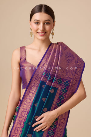 Elegant Teal - Purple Banarasi Saree with Rich Woven Pallu – Palkhi Fashion