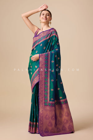 Elegant Teal - Purple Banarasi Saree with Rich Woven Pallu – Palkhi Fashion