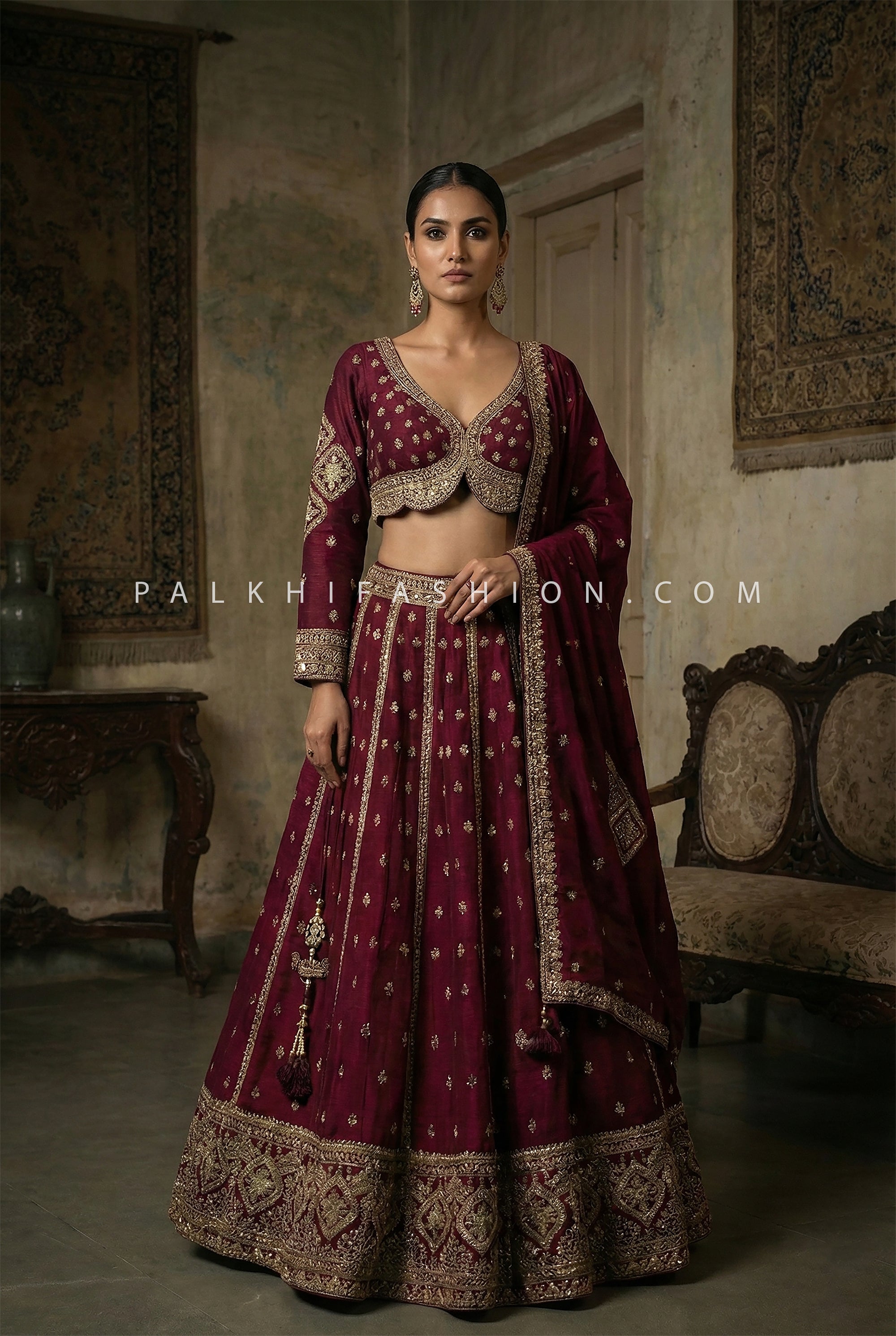Elegant Wine Antique Gold Embroidered Silk Lehenga Choli | Palkhi Fashion
