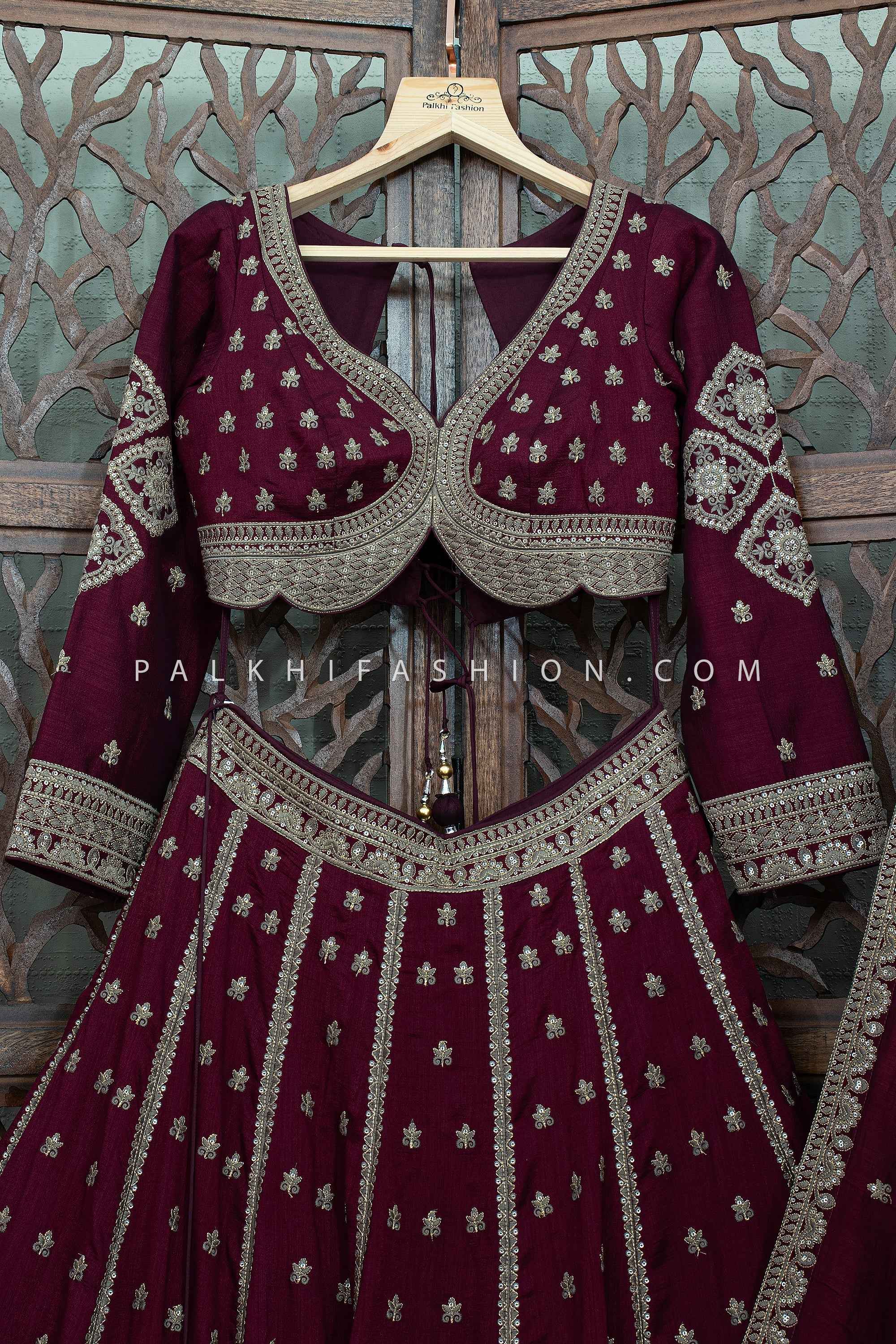 Elegant Wine Antique Gold Embroidered Silk Lehenga Choli | Palkhi Fashion