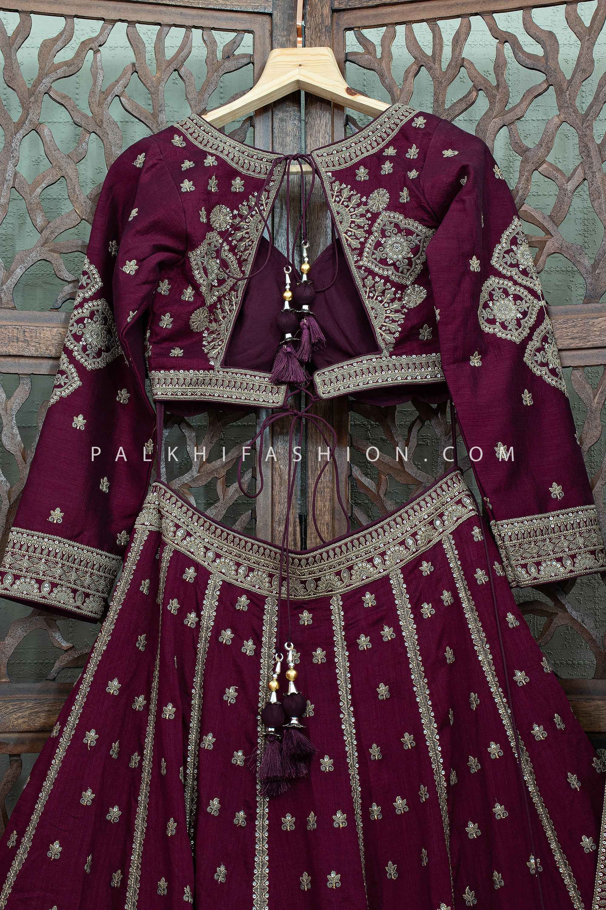 Elegant Wine Antique Gold Embroidered Silk Lehenga Choli | Palkhi Fashion