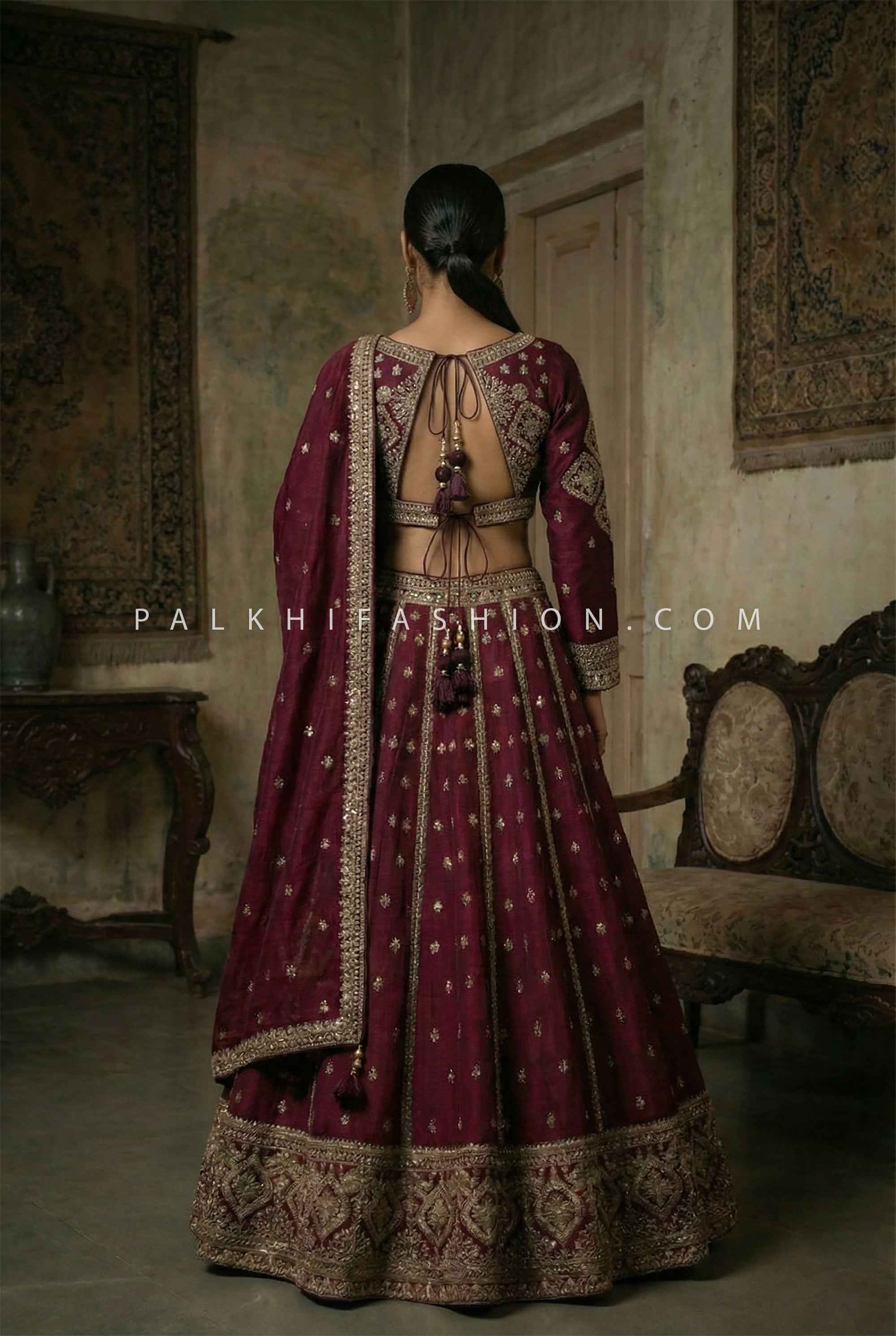 Elegant Wine Antique Gold Embroidered Silk Lehenga Choli | Palkhi Fashion