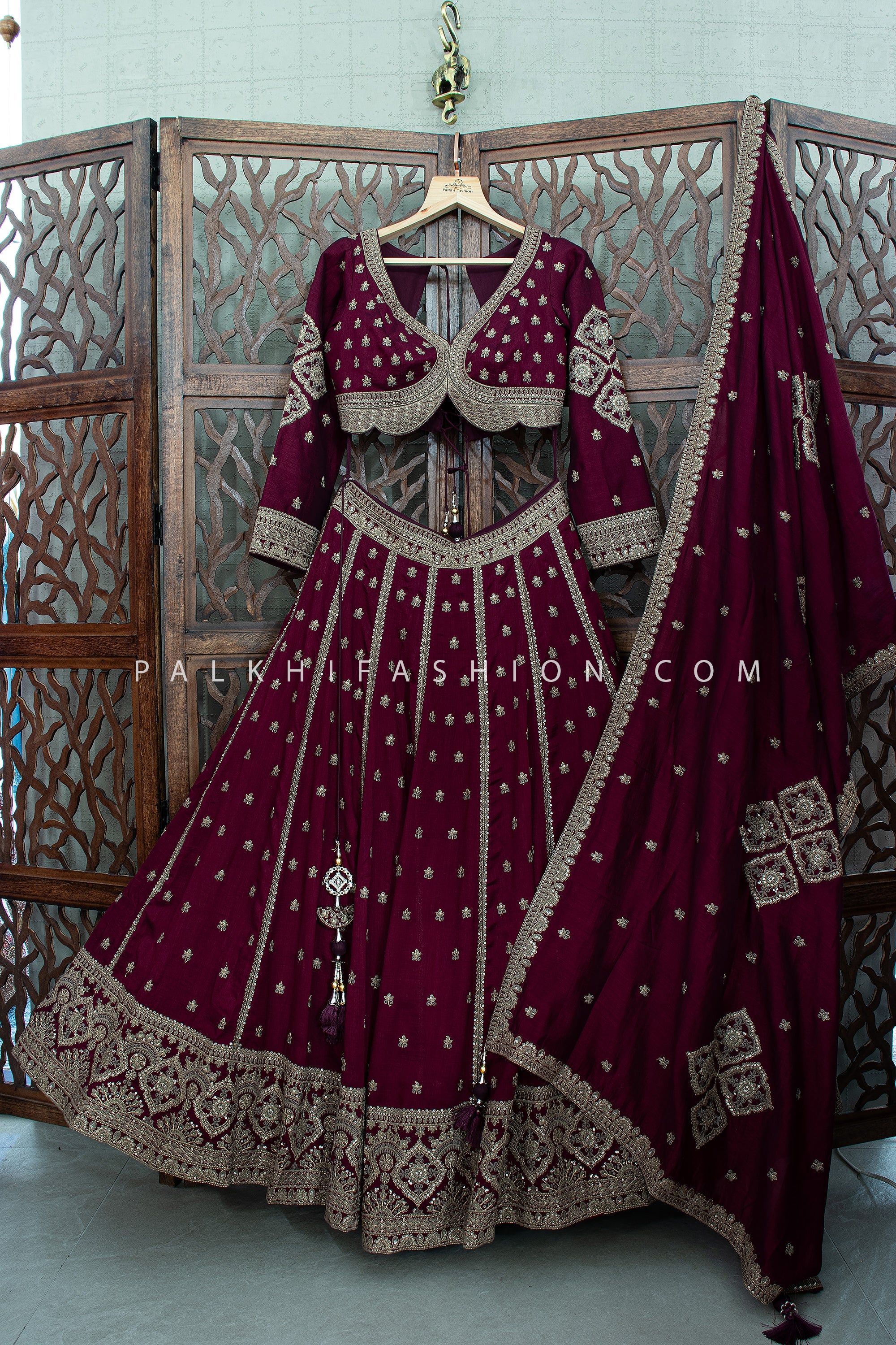 Elegant Wine Antique Gold Embroidered Silk Lehenga Choli | Palkhi Fashion